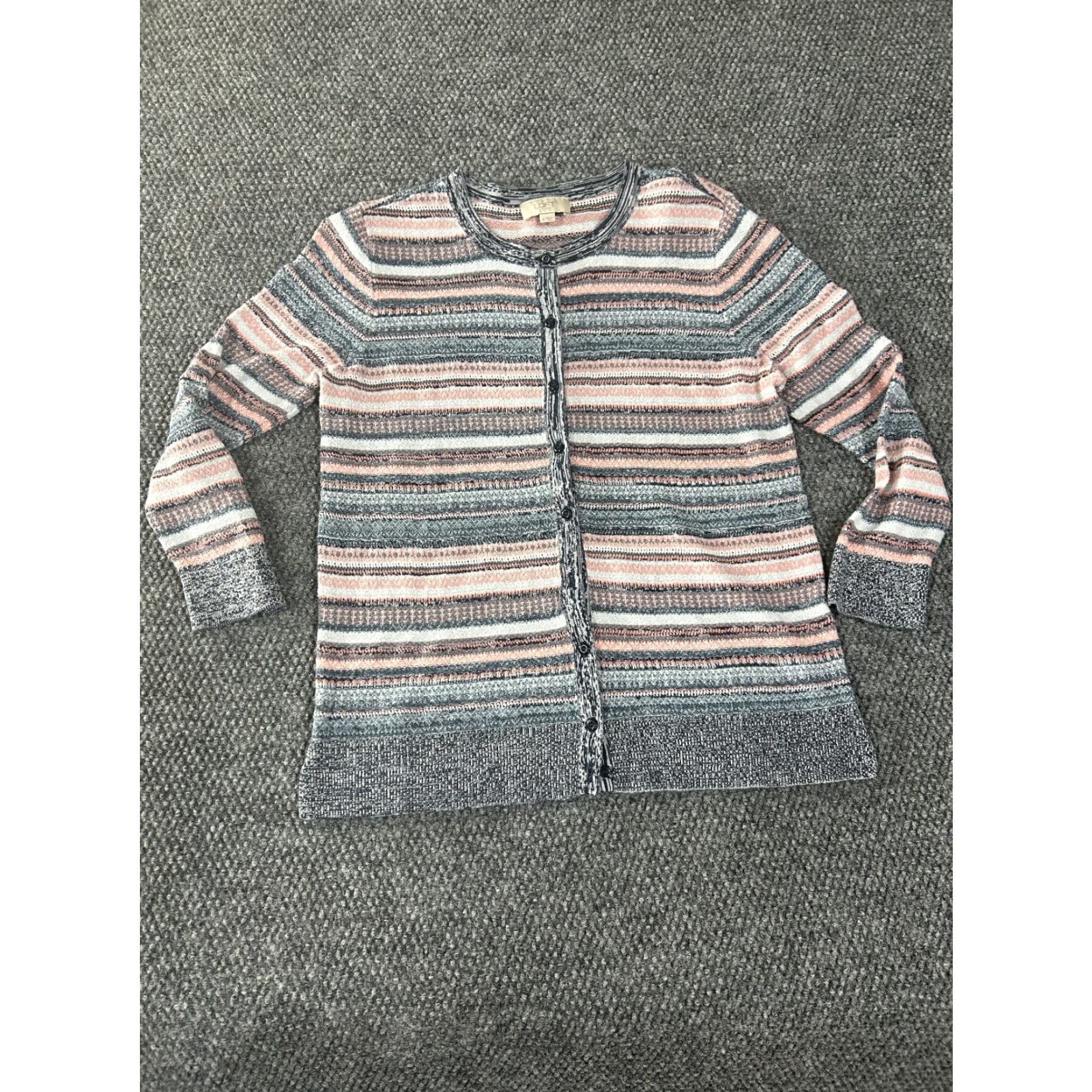 Loft LOFT Cardigan Sweater Womens Medium Gray Pink Striped Crew Neck Knit Button Front Raglan Sleeve Size M / US 6-8 / IT 42-44 - 2 Thumbnail