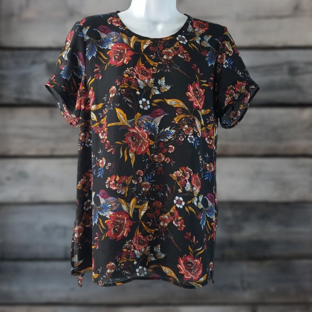 Vintage Daniel Rainn DR2 Womens Top Sz Small Black Red Floral Semi Sheer Short Sleeve Size S / US 4 / IT 40 - 1 Thumbnail