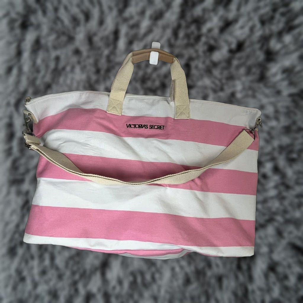 Victoria's Secret VINTAGE Victoria's Secret Large Striped Canvas Weekender Tote Bag NWT Pink White Womens Size ONE SIZE - 1 Thumbnail