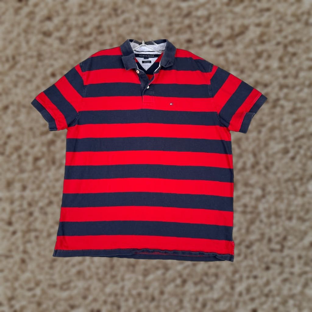 Tommy Hilfiger Tommy Hilfiger Polo Shirt Men XL Red Blue Stripe 100% Cotton Slim Fit Regular Shirt, Short Sleeve, Embroidered Logo, Golf Sport Theme, Mens Size US XL / EU 56 / 4 - 1 Thumbnail