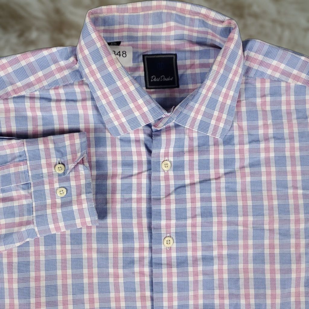 David Donahue VINTAGE David Donahue Men's Dress Shirt 17.5 Long Sleeve Plaid Pink Cotton Business Casual Size 46R - 1 Thumbnail