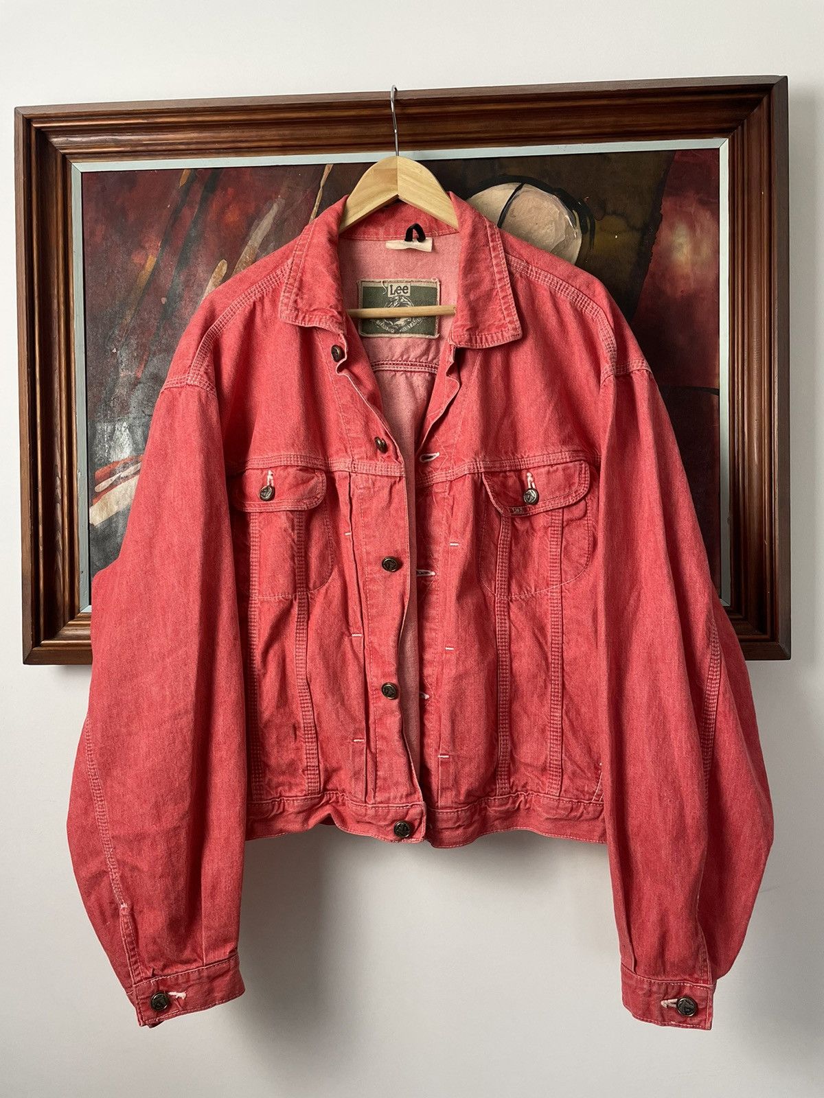 image of Distressed Denim x Lee 90's Vintage Lee Rough Riders Red Denim Trucker Jacket, Men's (Size Large)