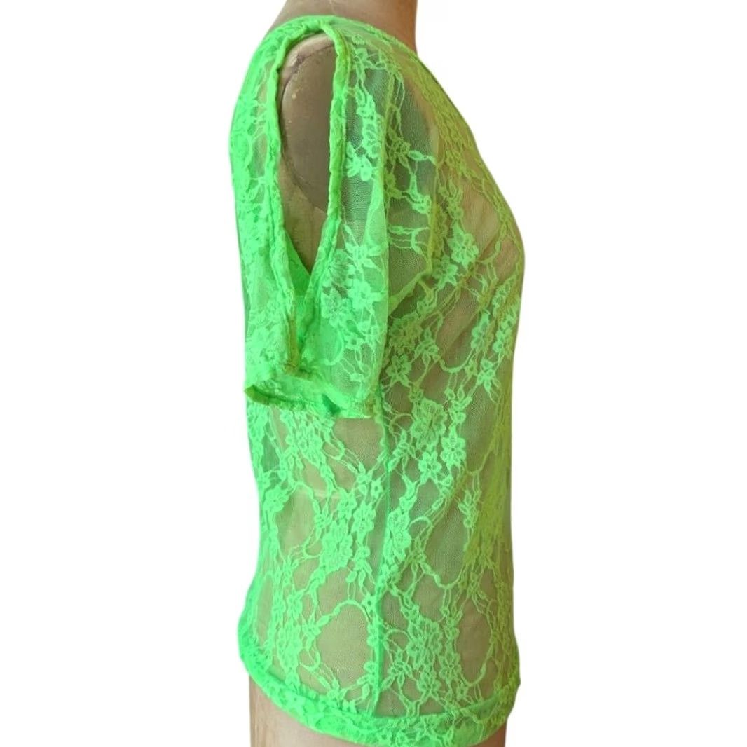 Vintage VINTAGE Deb Neon Green Sheer Lace Cold Shoulder Top Juniors Small Y2K Coquette Whimsigoth Womens Size S / US 4 / IT 40 - 4 Thumbnail
