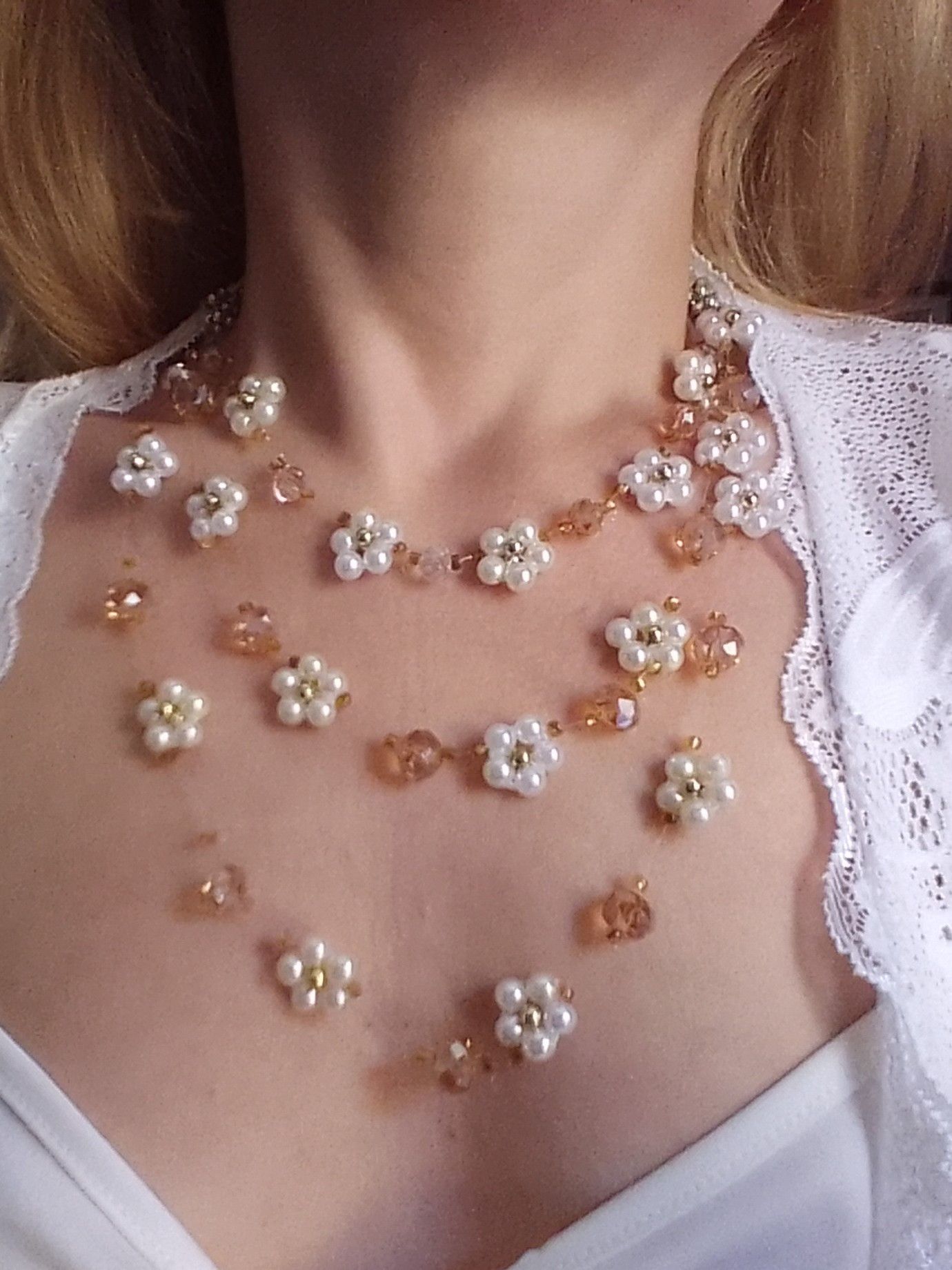 Handmade Necklace Long Beaded Flower Pearls Crystal Multithread Size ONE SIZE - 5 Thumbnail