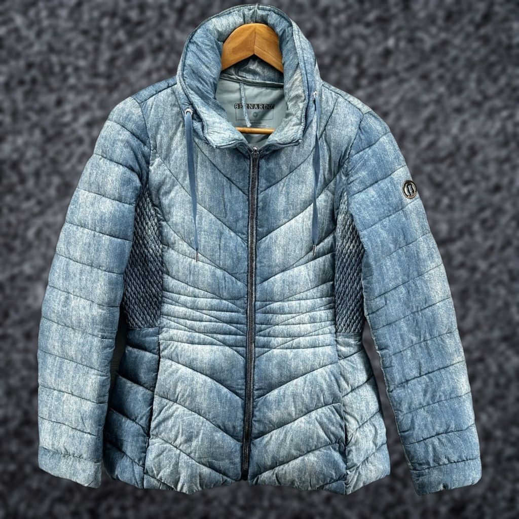Vintage Bernardo Puffer Jacket Blue Women's Small Quilted Ecoplume Packable Hooded Size S / US 4 / IT 40 - 1 Thumbnail