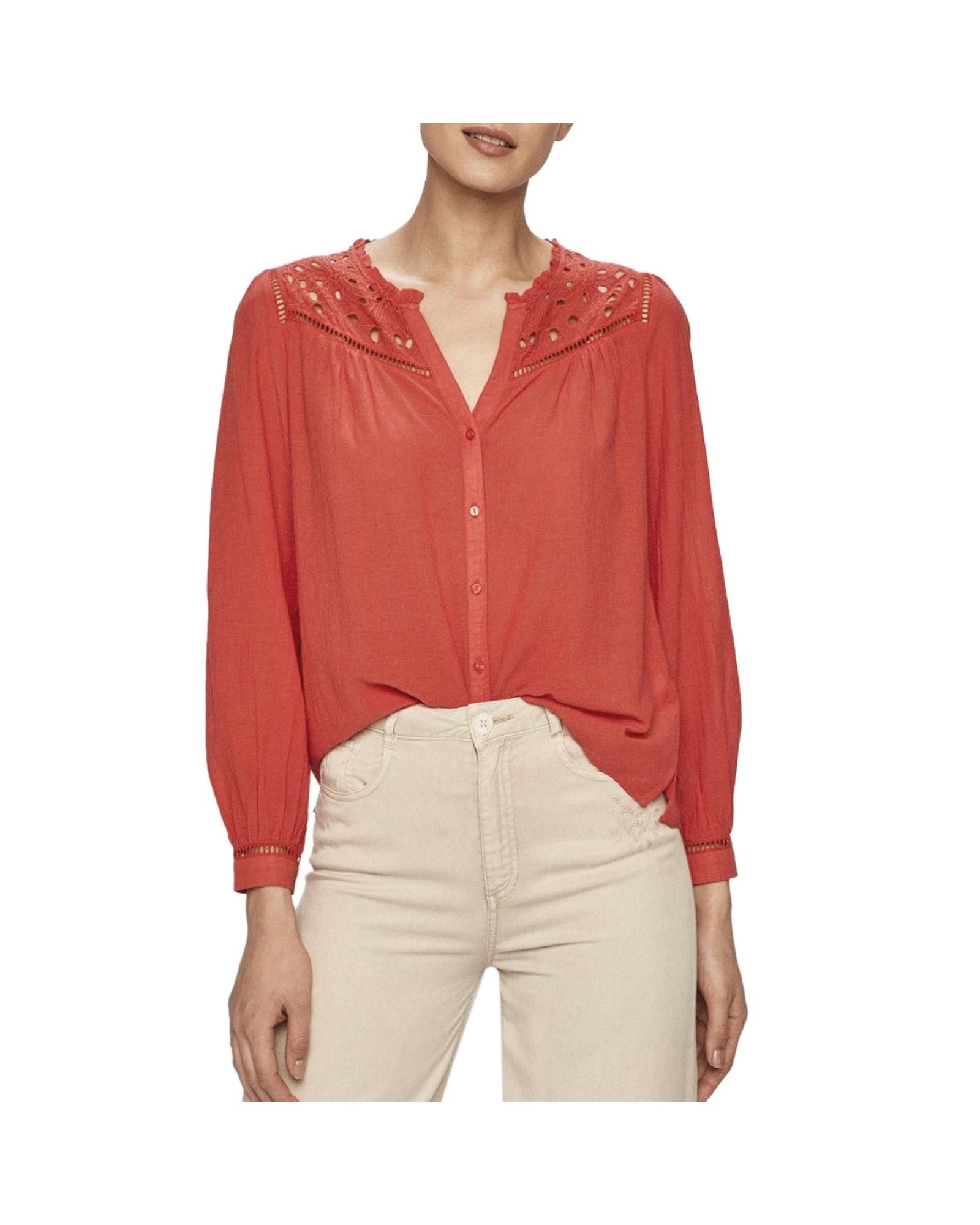 image of Pepe Jeans Button-Up V-Neck Shirt In Cotton-Viscose Blend in Red, Women's (Size Small)