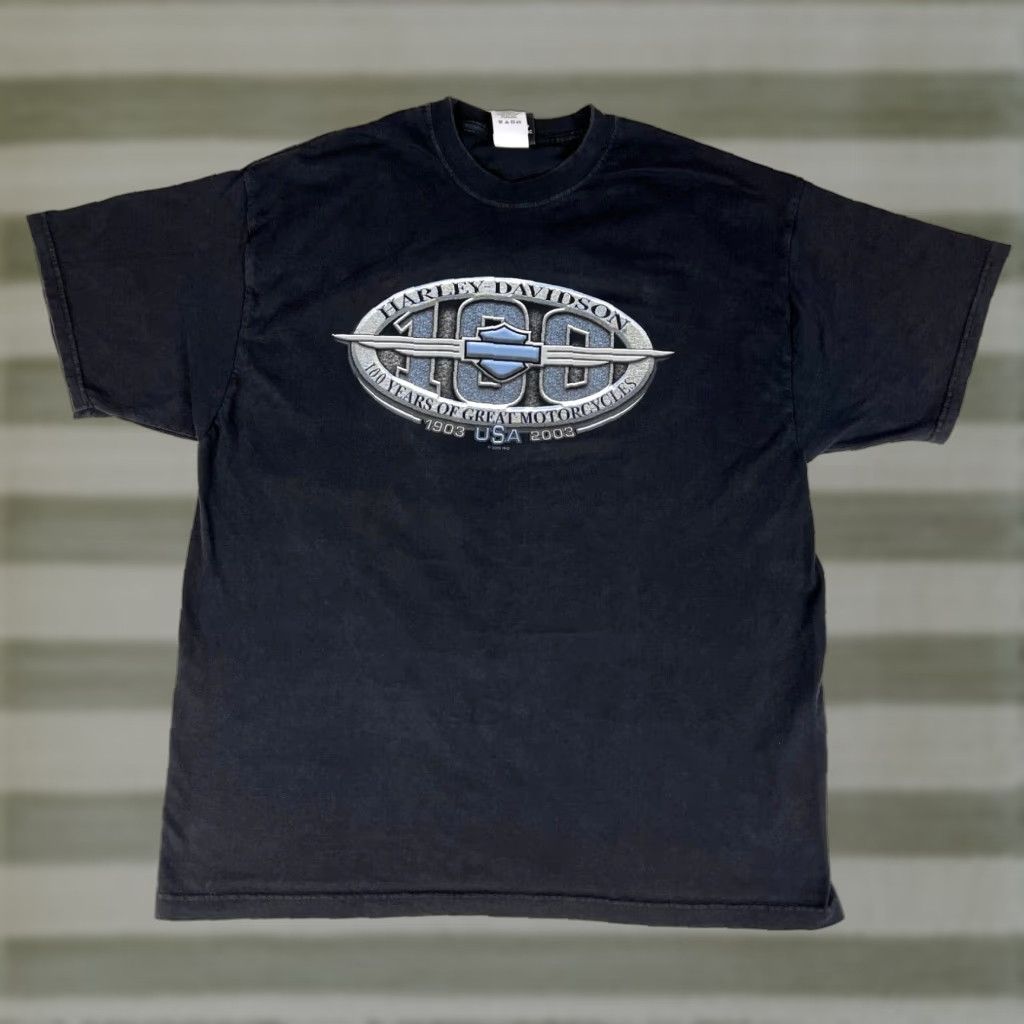 Harley Davidson VINTAGE Harley-Davidson T-Shirt XL Black 100 Years 1903-2003 R.K. Stratman Made in USA Mens Motorcycle Double-Sided Size US XL / EU 56 / 4 - 1 Thumbnail