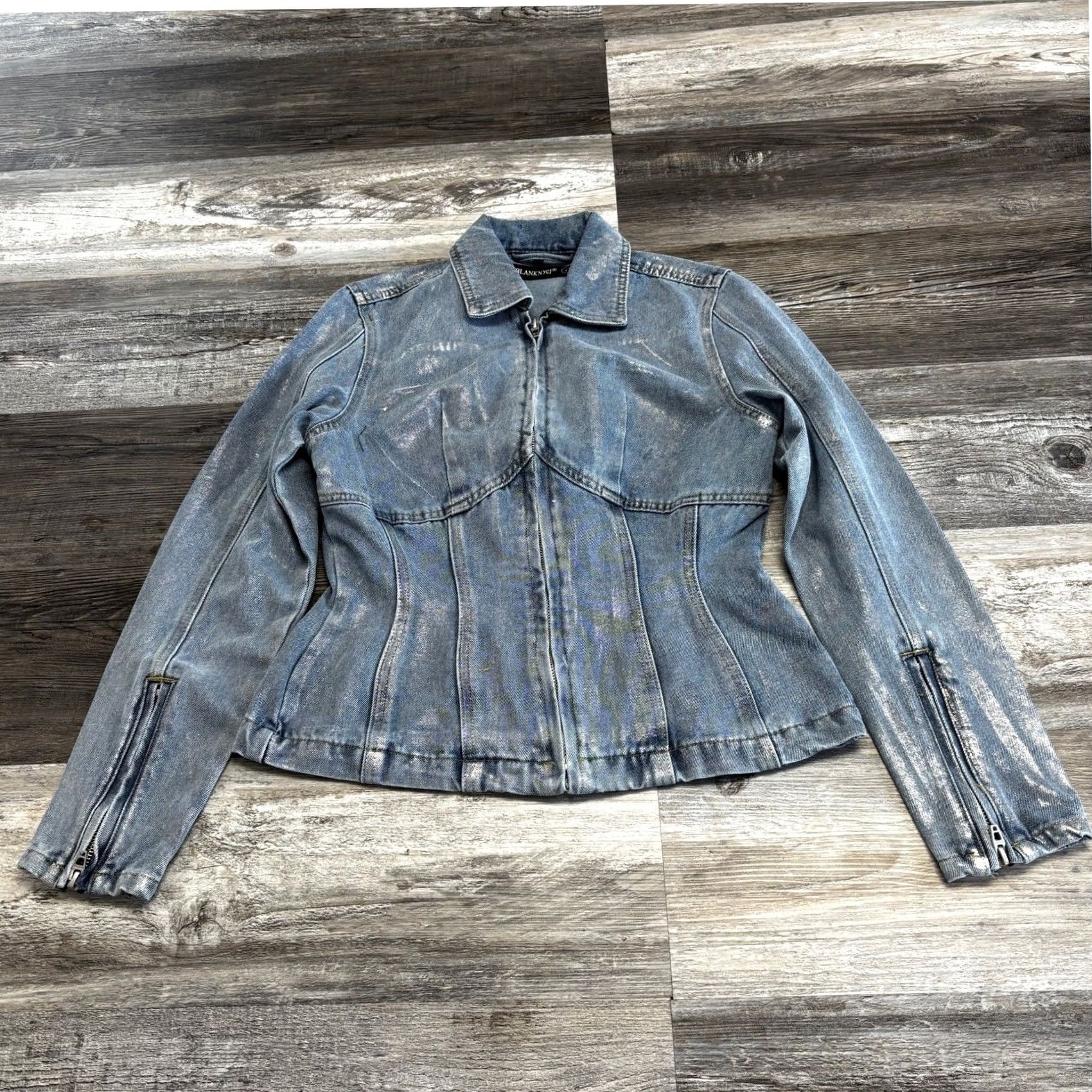 Vintage Blank NYC Blue Silver Metallic S Zipper Cuffs Glam Streetwear Moto Jean Jacket Women Jacket S Size 28" / US 6 / IT 42 - 2 Thumbnail