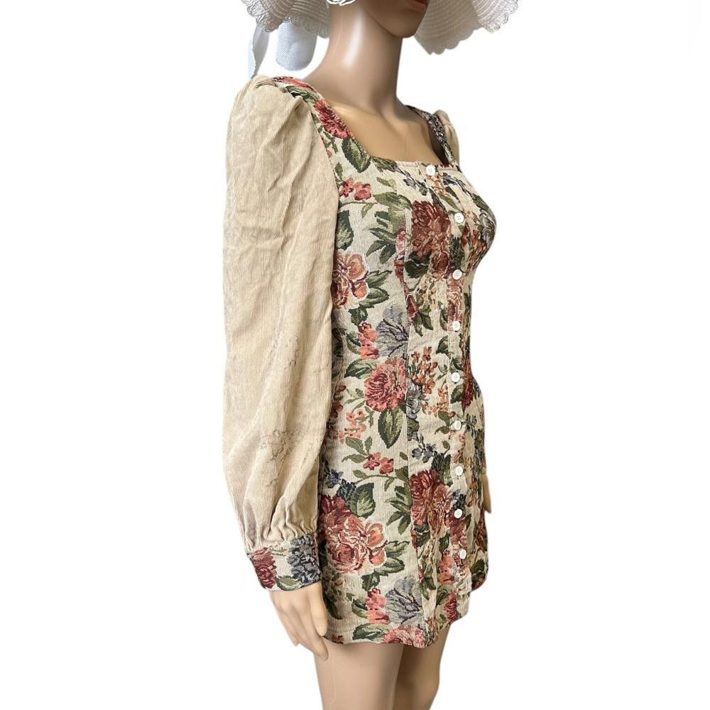Designer CIDER Floral Mini Dress with Corduroy Sleeves Size S / US 4 / IT 40 - 2 Thumbnail