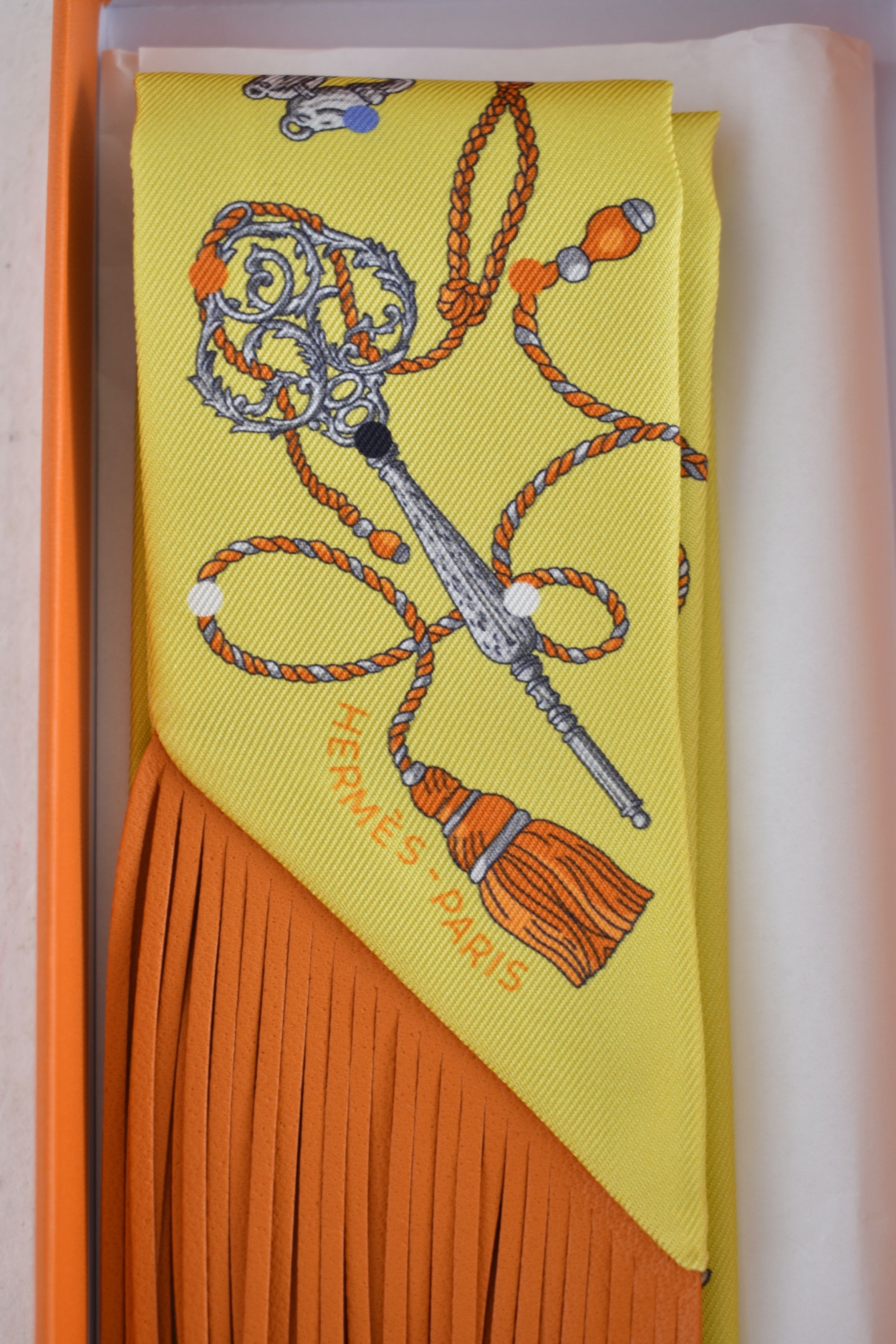 Hermes Scarf Twilly Fringe Leather Les Cles A Pois Jaune Argent Vif Size ONE SIZE - 5 Thumbnail