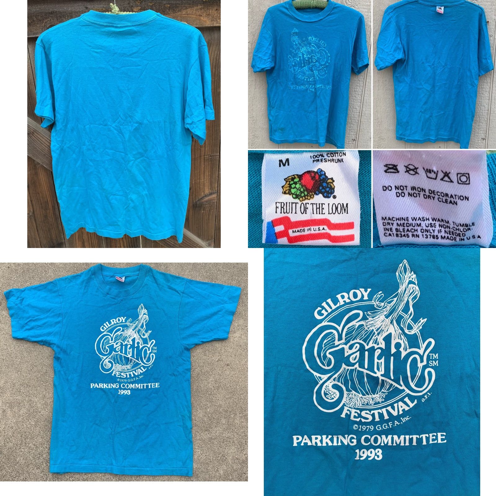 Fruit Of The Loom VINTAGE Gilroy Garlic Festival GGFA Inc Parking Committee 1993 t shirt M blue cotton Men Turquoise Graphics Tee Sportswear/Beach 1990s Shirt Size US M / EU 48-50 / 2 - 9 Thumbnail