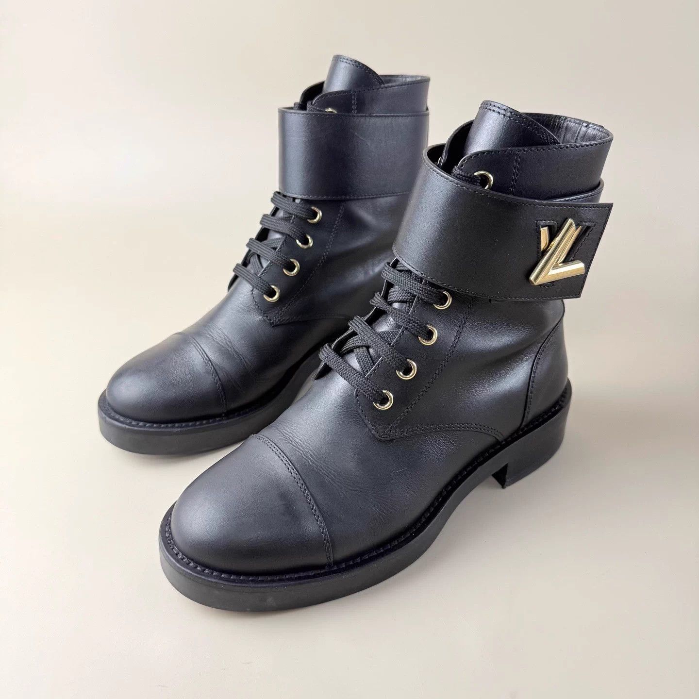 Louis Vuitton LV Black Gold Laced Lock Buckle Short Boots 35.5 Size US 4.5 / IT 34.5 - 1 Thumbnail