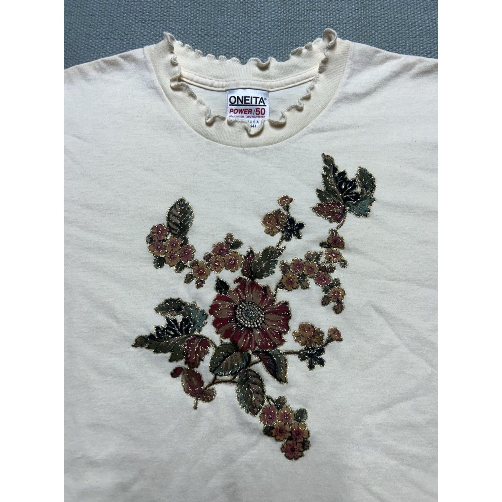 Sunflower VINTAGE 90s FLOWER T-Shirt Floral Pattern Women's L White Graphic Shirt Flowers Glitter Sparkle Large Size L / US 10 / IT 46 - 2 Thumbnail
