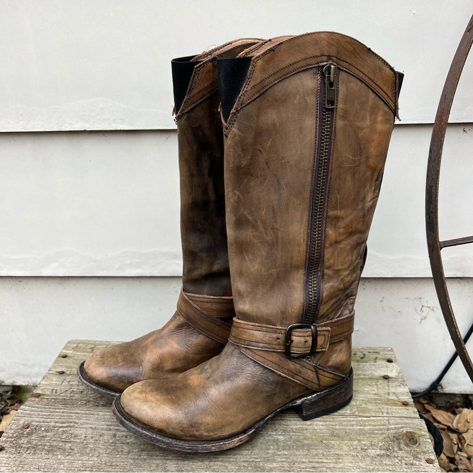 Stetson Stetson Brown Strappy Leather round toe zip cowgirl boots Size US 9.5 / IT 39.5 - 3 Thumbnail