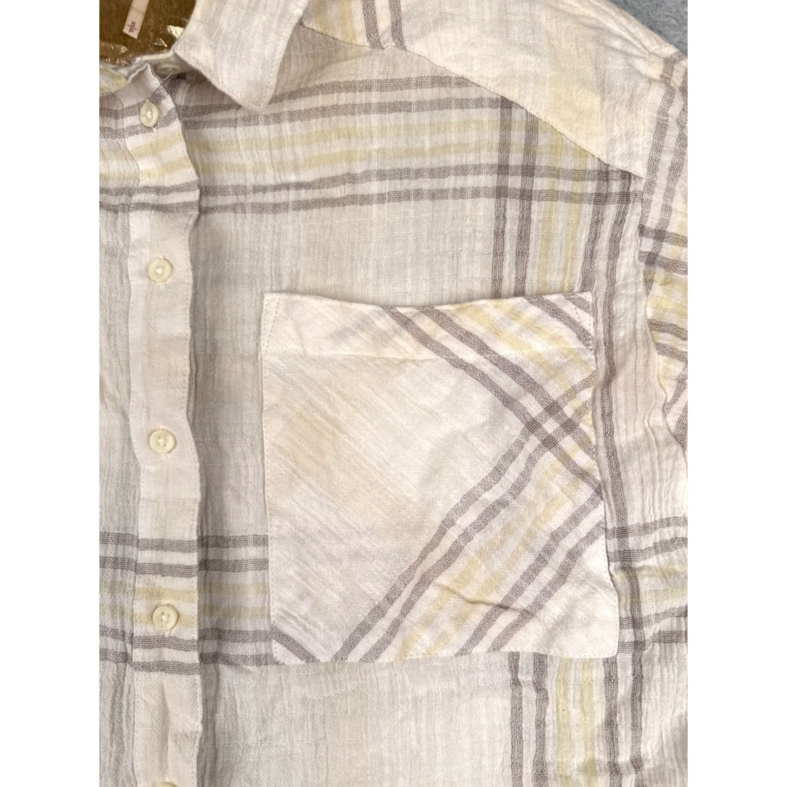 Free People Free People Button-Up Shirt Womens Small Beige Plaid Linen Crop Long Sleeve Casual Size S / US 4 / IT 40 - 7 Thumbnail