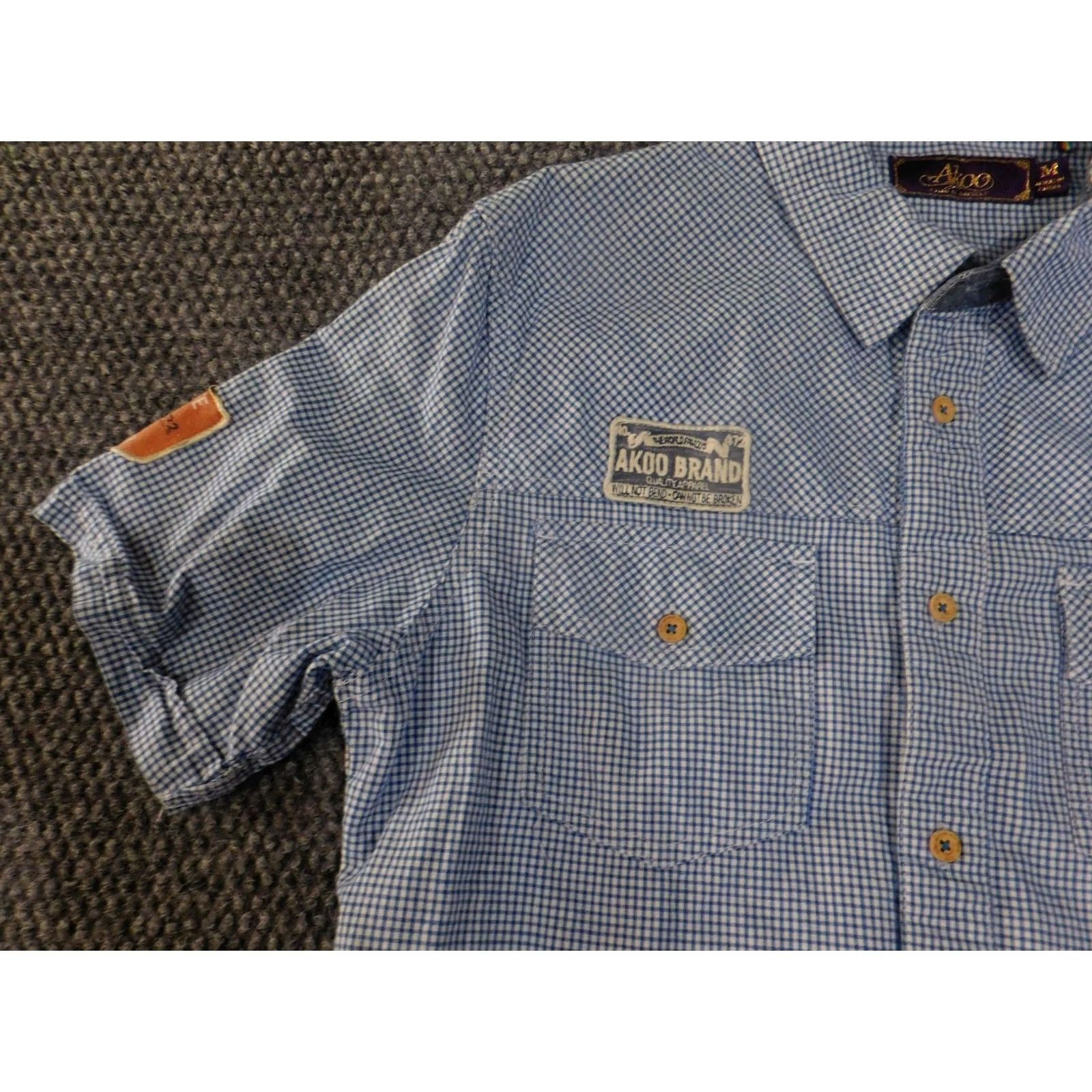 Vintage VINTAGE Akoo Shirt Mens Medium Blue White Plaid Short Sleeve Button Up Utility Patch Size US M / EU 48-50 / 2 - 5 Thumbnail