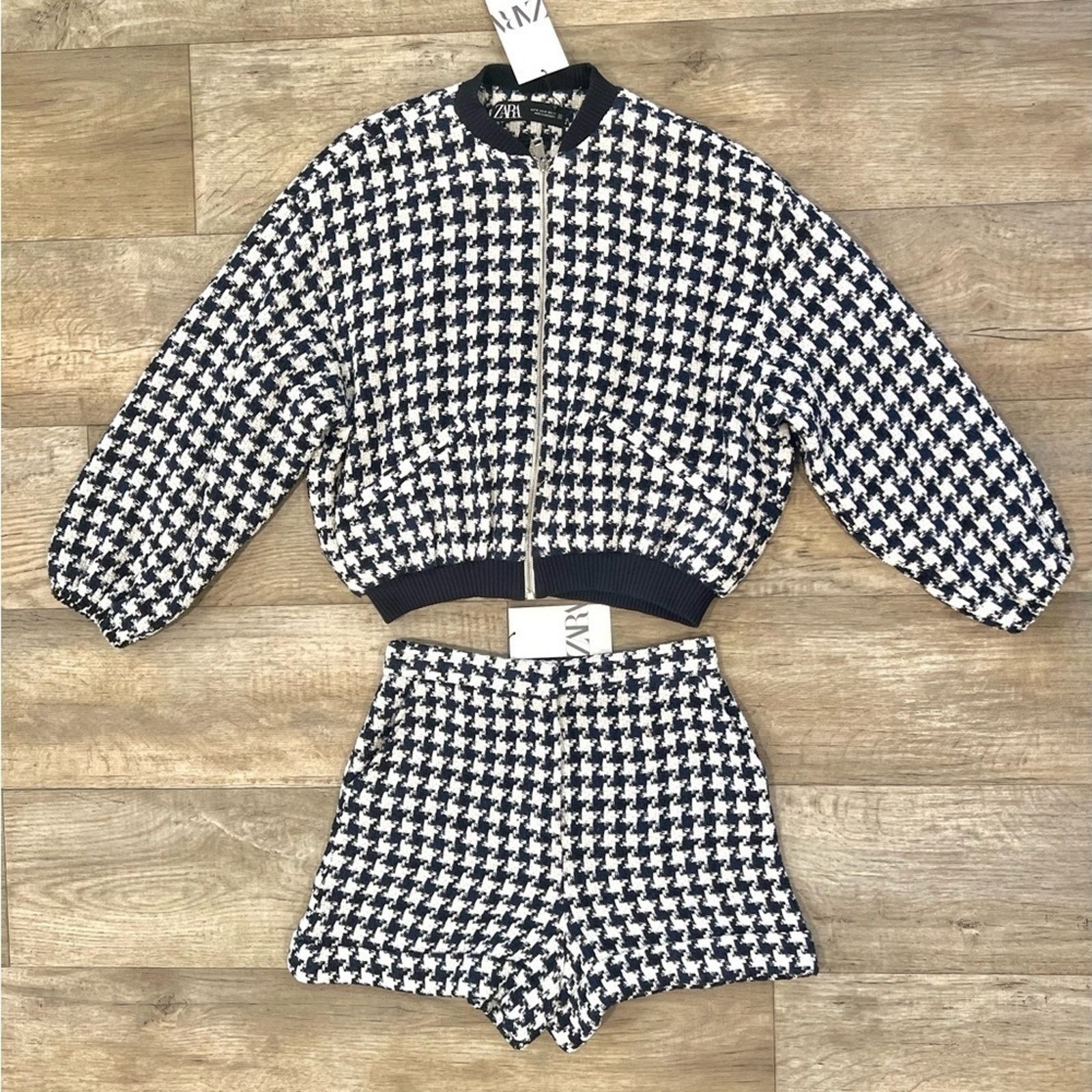 Zara ZARA Houndstooth Co-Ord Set Jacket (L) + Shorts (M) NWT Size 28" / US 6 / IT 42 - 7 Thumbnail