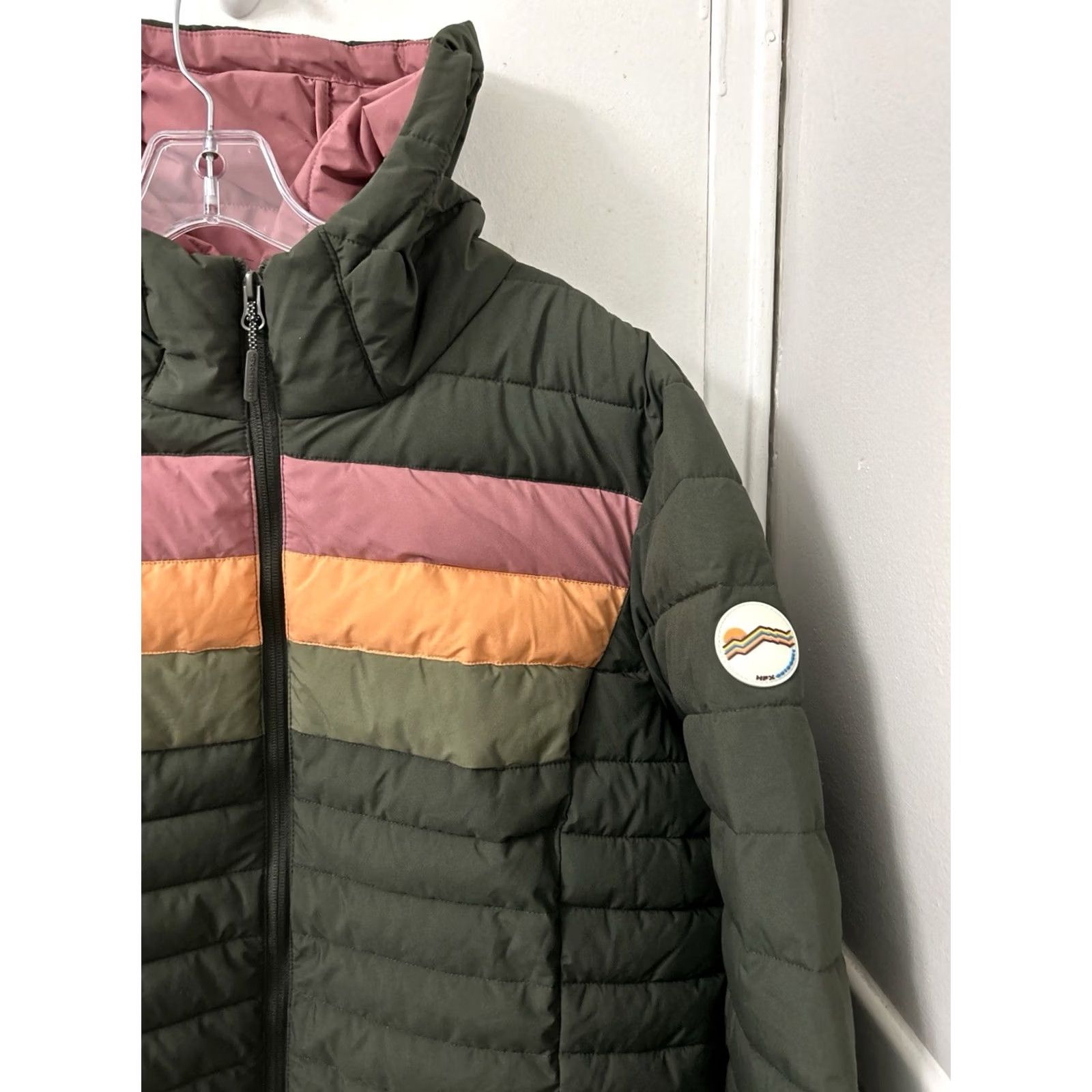 Vintage HFX Outdoors Puffer Jacket Womens XL Green Retro Stripe Hooded Water Resistant Size XL / US 12-14 / IT 48-50 - 4 Thumbnail