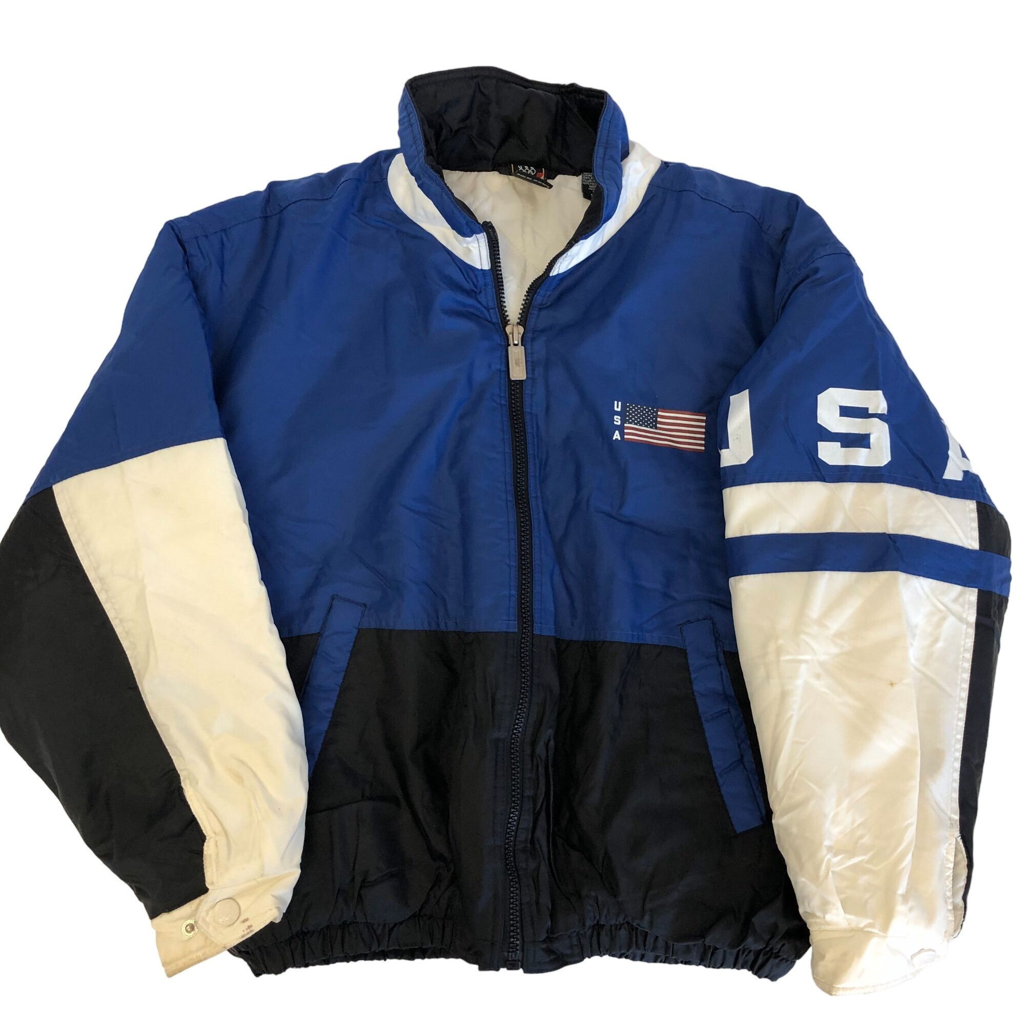Vtg JcPenney Blue Nylon COLORBLOCK USA OLYMPICS Coat