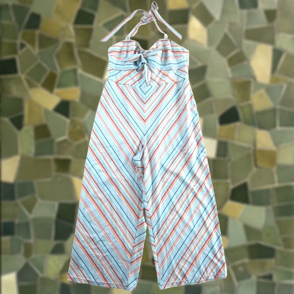 Vintage Unique Vintage Blue Orange Striped Halter Wide Leg Romper Jumpsuit Woman XL/14 Size 40" / US 18 - 1 Thumbnail