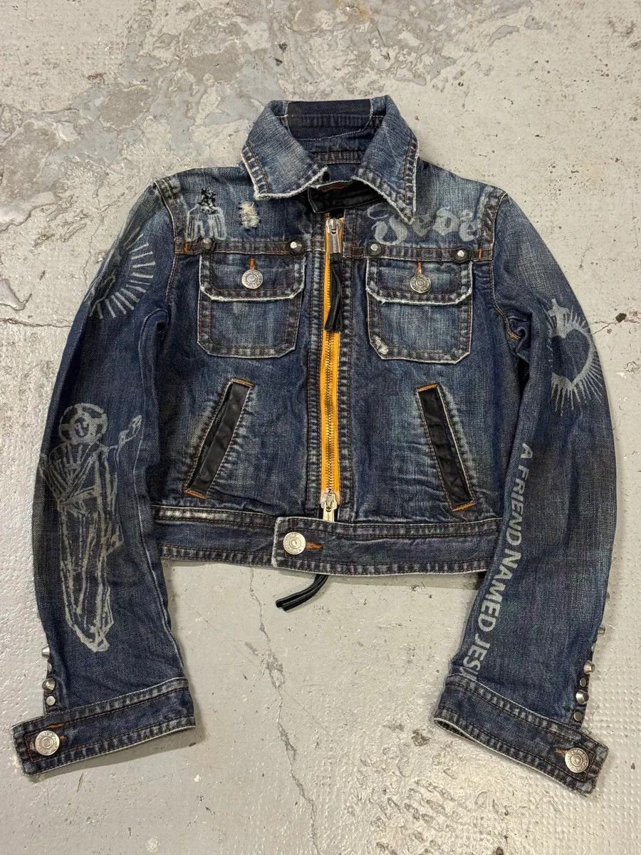 Designer × Dsquared2 × Vintage FW2005 Dsquared2 Jesus Lord Peace Cropped Denim Jacket Size XS / US 0-2 / IT 36-38 - 1 Thumbnail