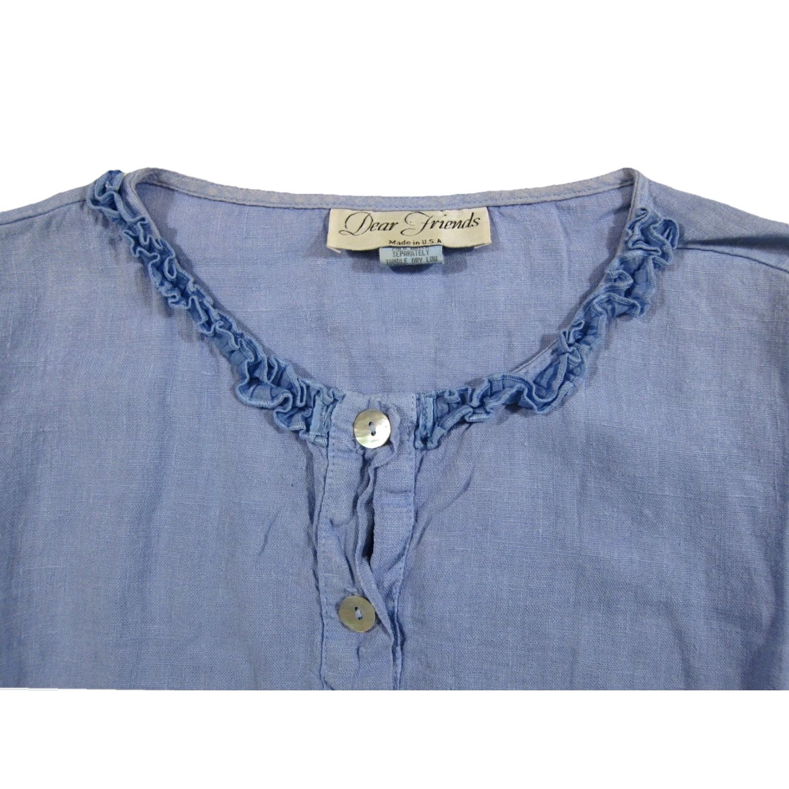 Vintage Dear Friends 100% Linen Blue Ruffle 3/4 Sleeve Tunic Blouse Shirt Top Women S Size S / US 4 / IT 40 - 4 Thumbnail