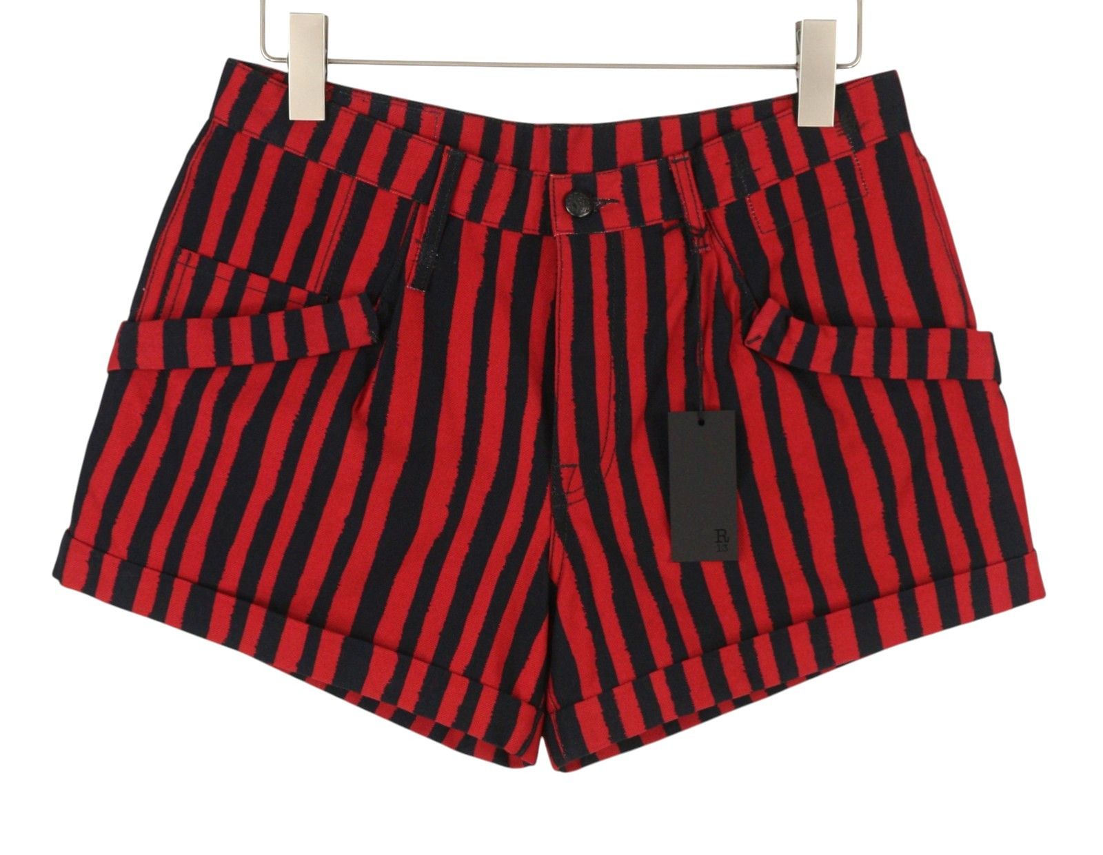 R13 POUCH POCKET 25 Red Stripe Turn-Up Denim Shorts 89422 Size 25" / US 0 / IT 36 - 1 Thumbnail
