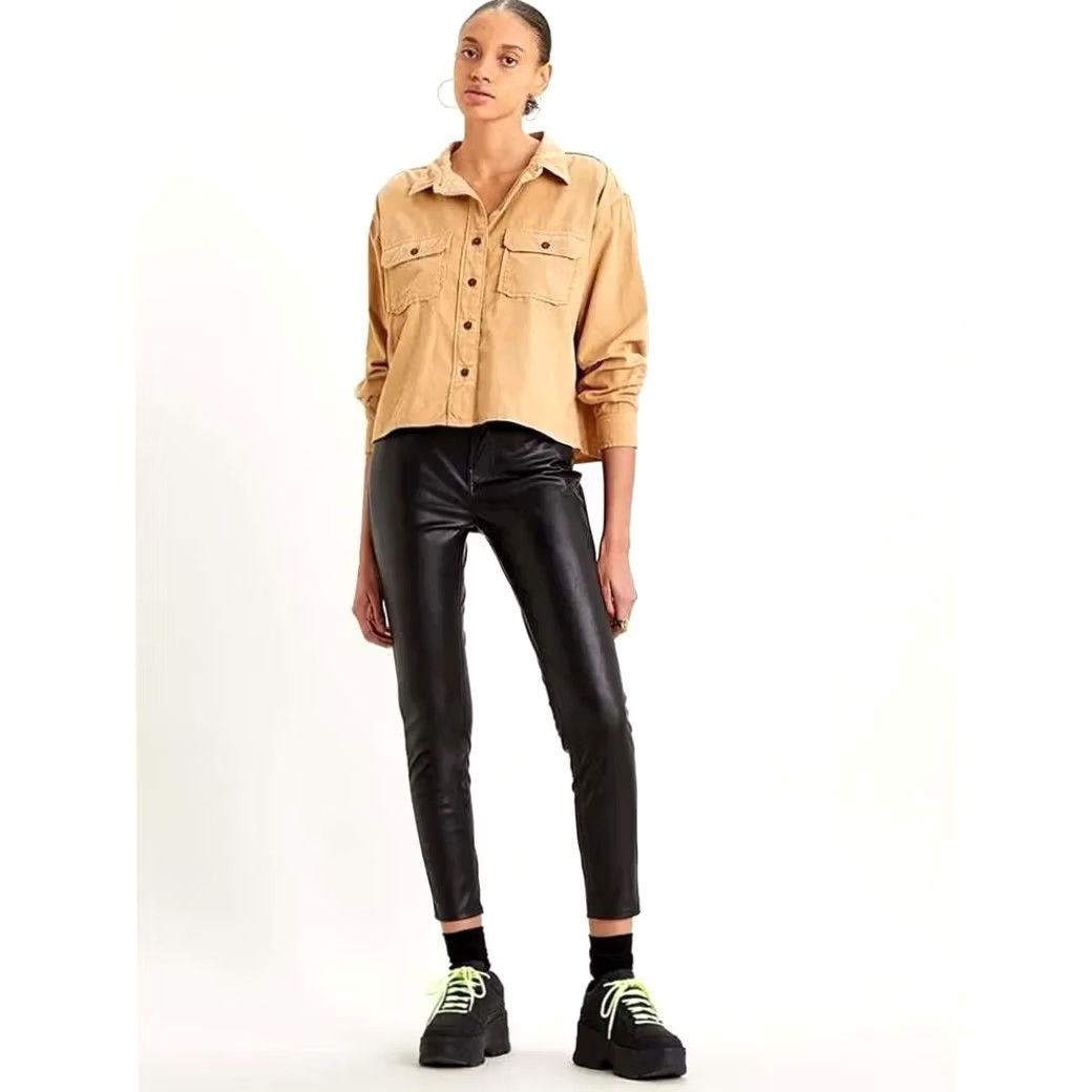 Levi's VINTAGE Levi's 720 Black Faux Leather High Rise Super Skinny Ankle Jeans Women 29 Black 90s Designer Size 29" - 3 Thumbnail