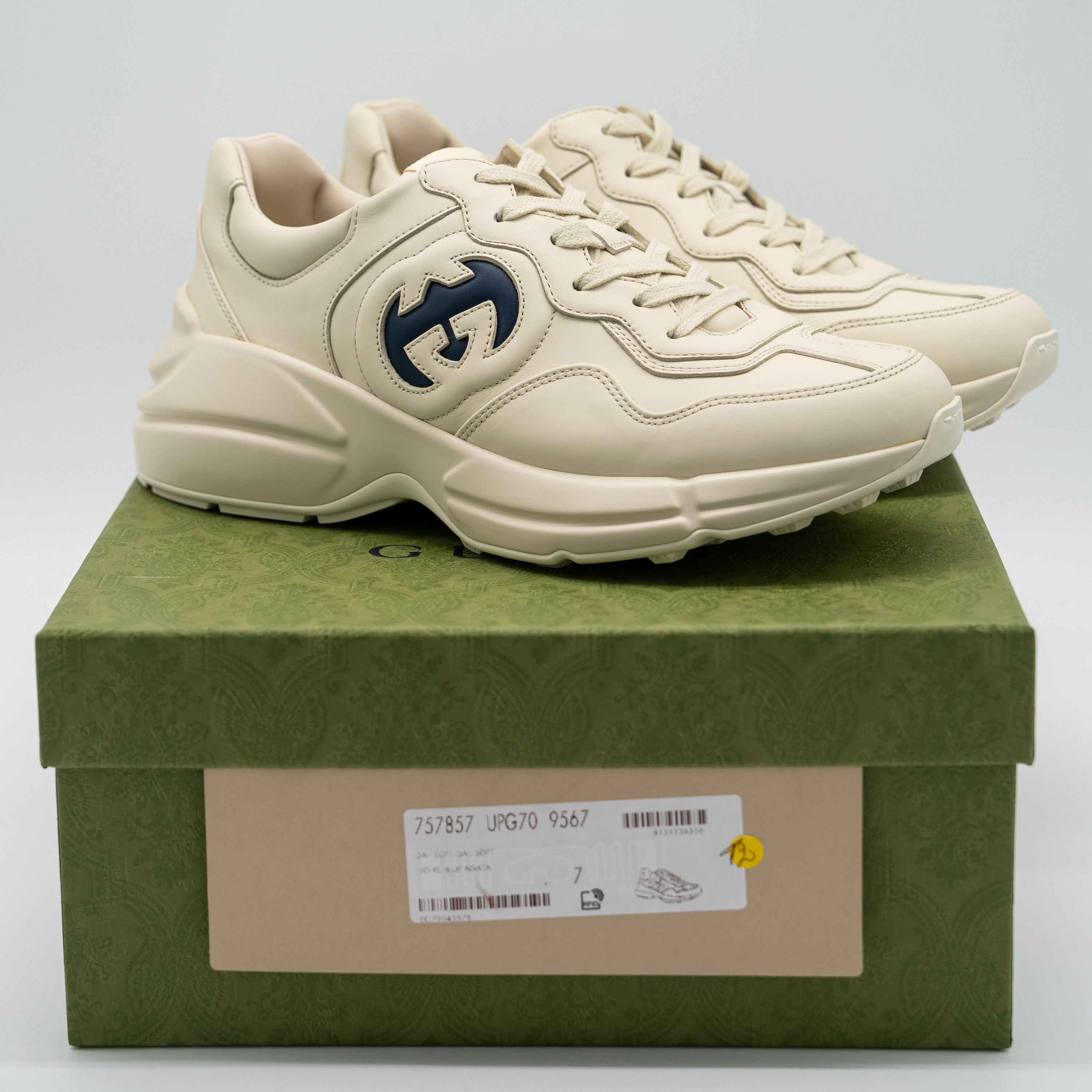Gucci Gucci Rhyton Ivory Blue GG Cut Out Logo Leather Sneakers Size US 7.5 / EU 40-41 - 14 Thumbnail