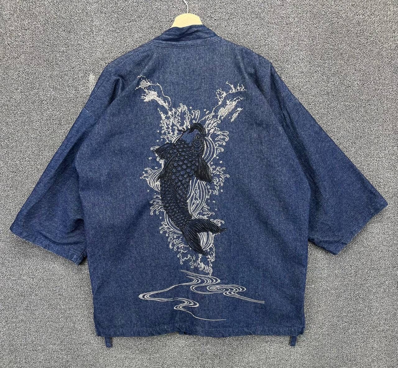Japanese Brand Vintage Japanese Koi Fish Embroidered Denim Kimono Jacket Size US L / EU 52-54 / 3 - 1 Thumbnail