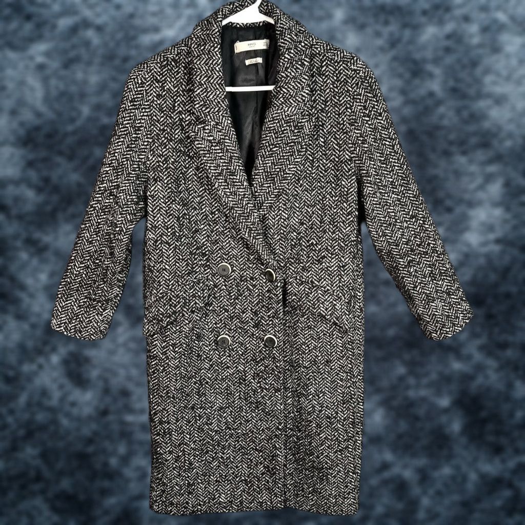 Mango MANGO Buttoned Wool Blend Coat - Gray Herringbone Long Sleeve Lined Small Womens Regular Jacket/Coat Size S / US 4 / IT 40 - 1 Thumbnail