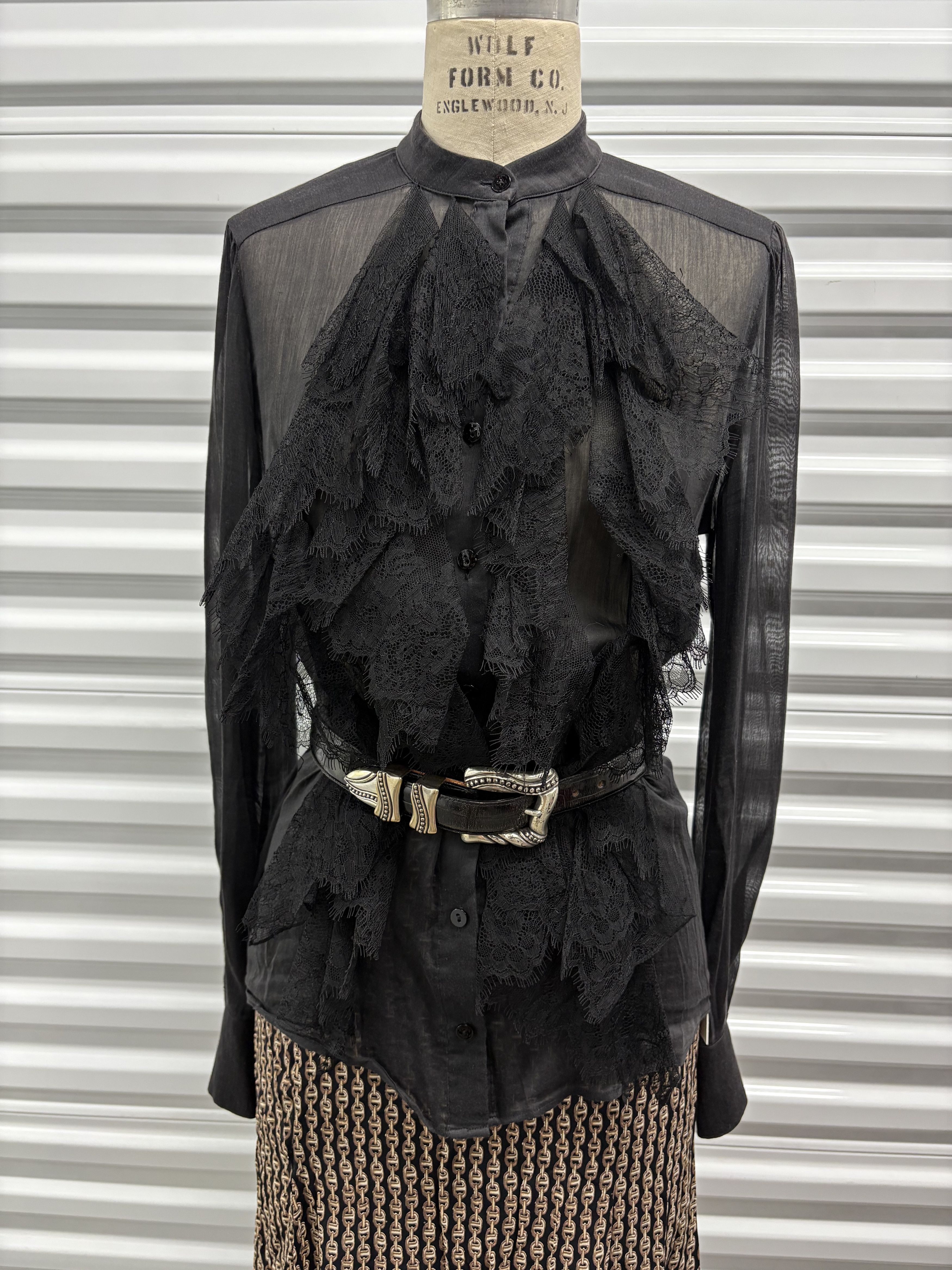 plein sud Vintage 90s Plein Sud Sheer Silk Lace Ruffle Blouse Size L / US 10 / IT 46 - 1 Thumbnail