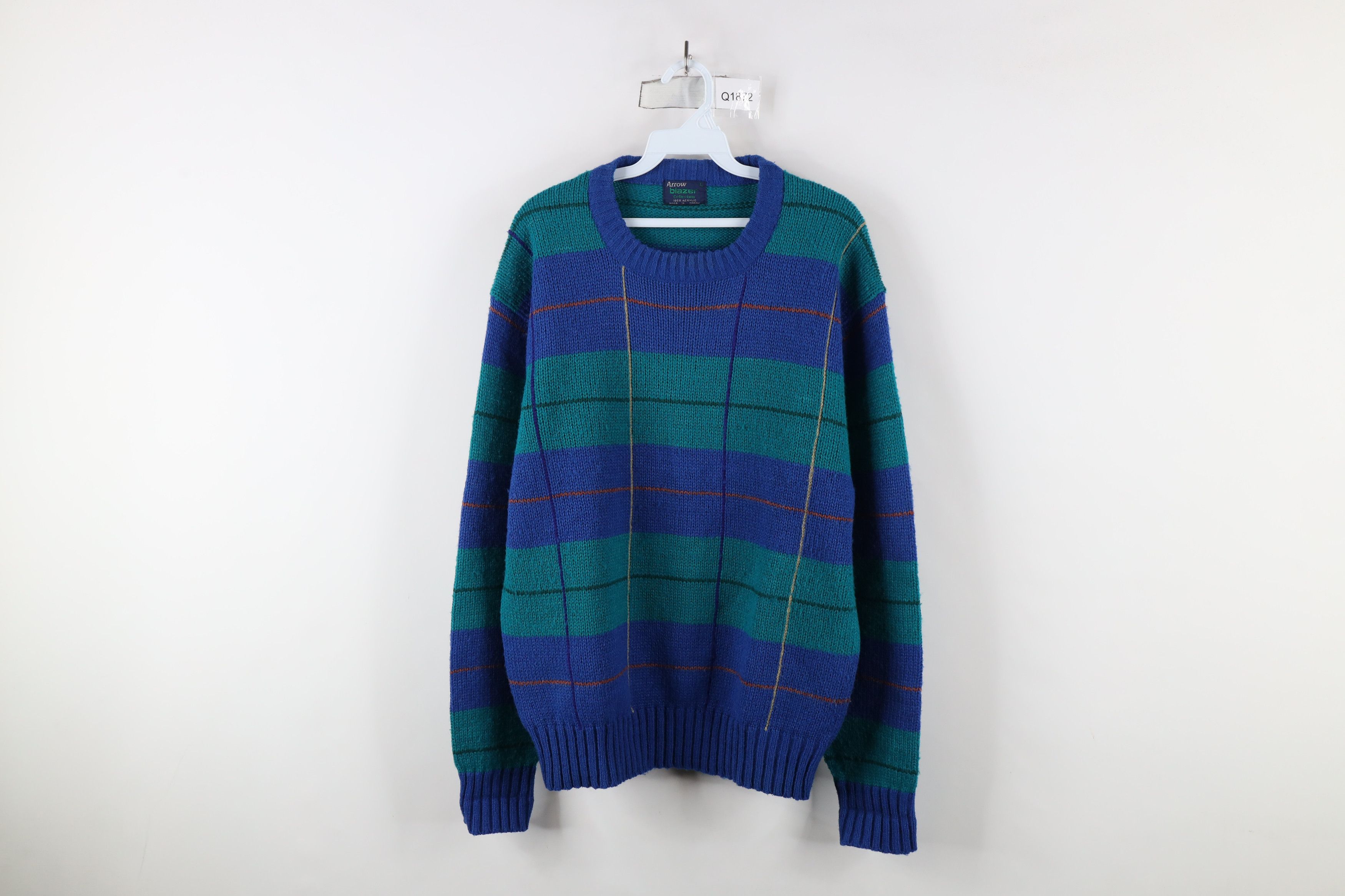Vintage Vintage 90s Streetwear Plaid Striped Knit Crewneck Sweater Size US L / EU 52-54 / 3 - 1 Thumbnail