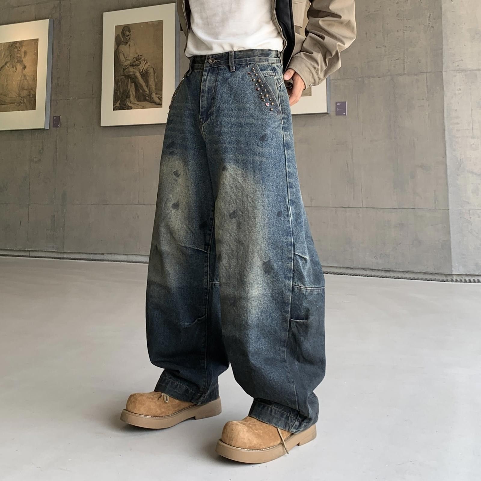 Japanese Brand Blue Distressed Wide Leg Denim Jeans, Baggy Fit Jeans Size US 30 / EU 46 - 4 Thumbnail