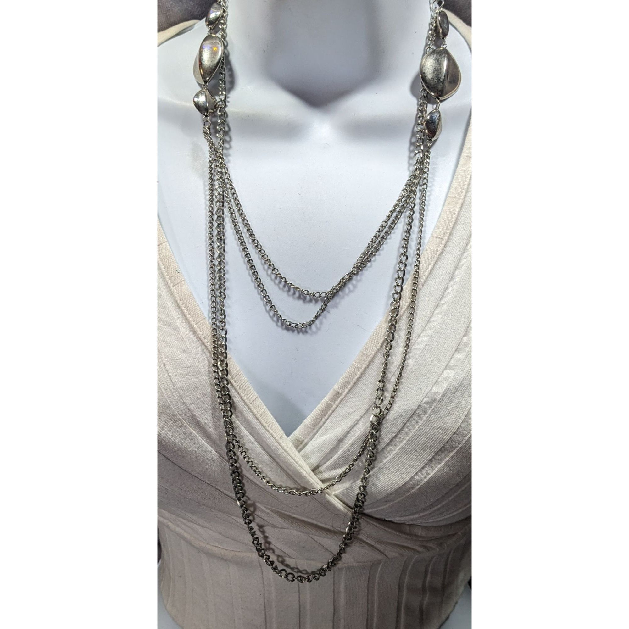 Other Layered Silver Tone Chain Necklace With Abstract Bead Accent Size ONE SIZE - 1 Thumbnail