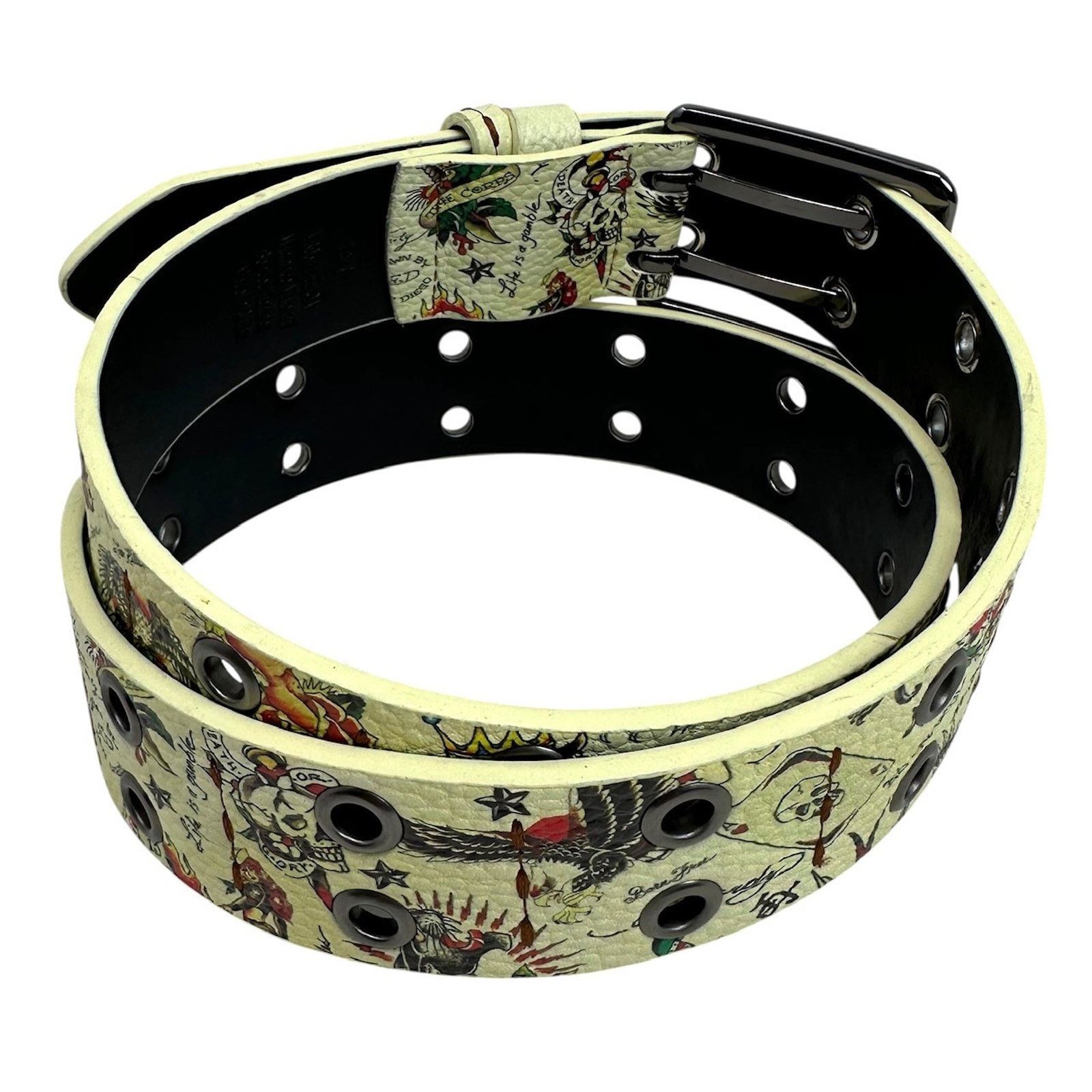 Ed Hardy Ed Hardy Men's Double Prong Ace of Hearts Printed Cream Belt Size 32 - 3 Thumbnail