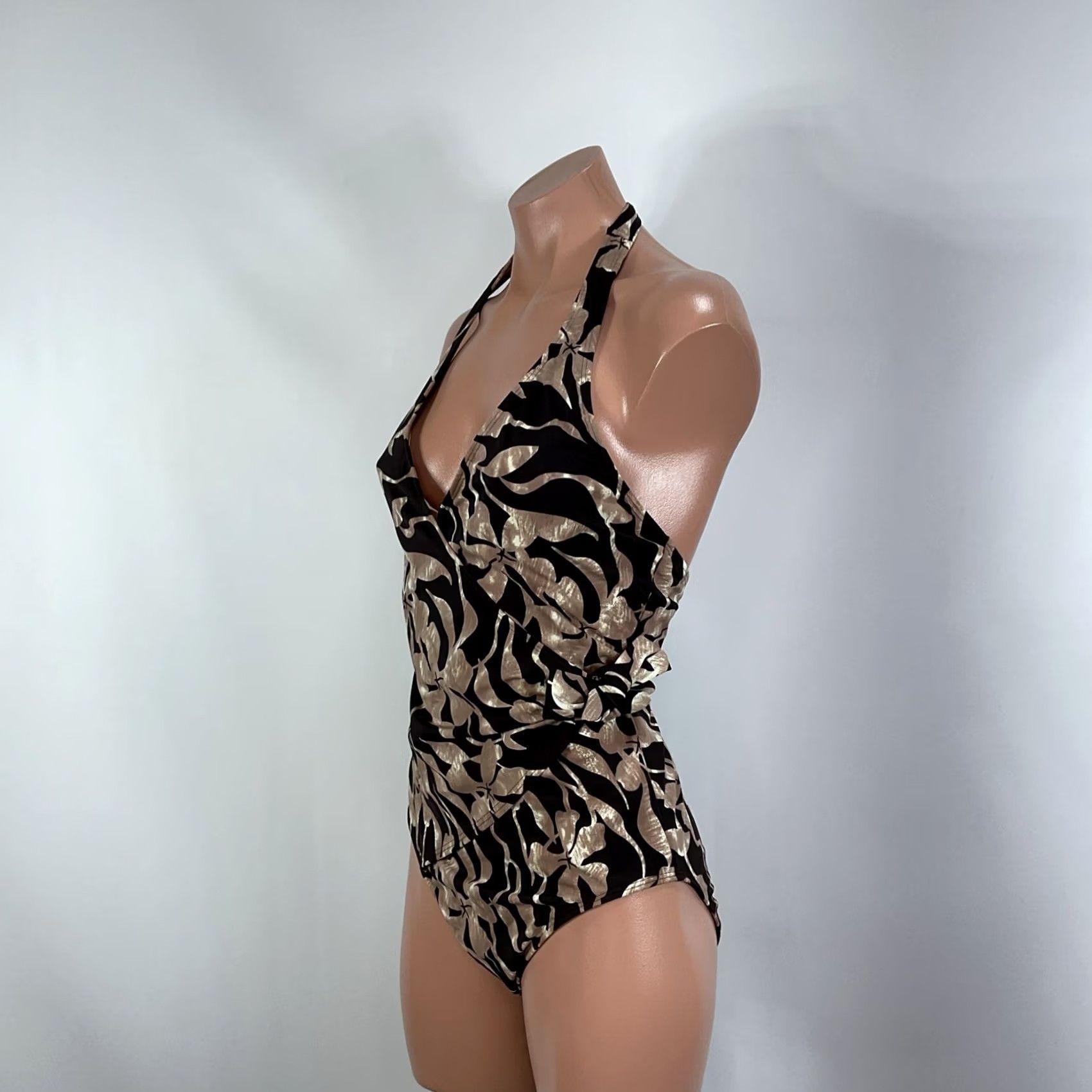 Vintage Shape FX Swimsuit One Piece Bathing Suit Halter High-Waisted Brown Floral Print 8 Women Tropical Backless Built-In Bra Shaper Size M / US 6-8 / IT 42-44 - 7 Thumbnail
