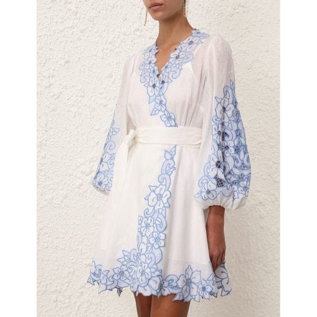 Zimmermann oc11z0525 Floral Embroidery Mini Dress in White & Blue Size XS / US 0-2 / IT 36-38 - 3 Thumbnail