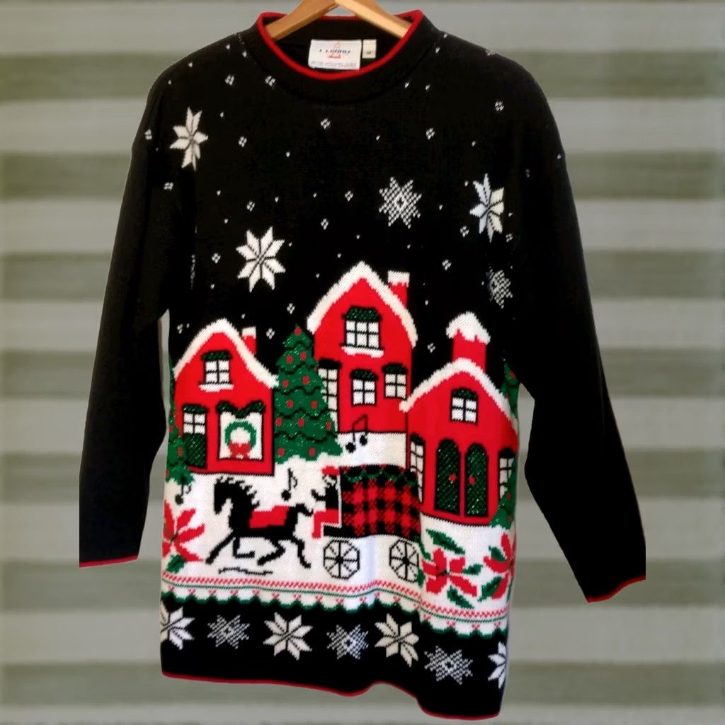 Vintage VINTAGE J.J. Poole Ugly Christmas Sweater Grannycore Glitter Snow Village Black M Womens Pullover Crew Neck Knit Holiday Season Size M / US 6-8 / IT 42-44 - 1 Thumbnail