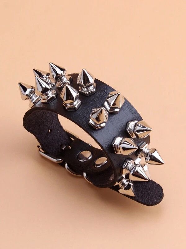 Archival Clothing x Jewelry Gothic Punk Vintage Silver Spike Bracelet in Black, Men's