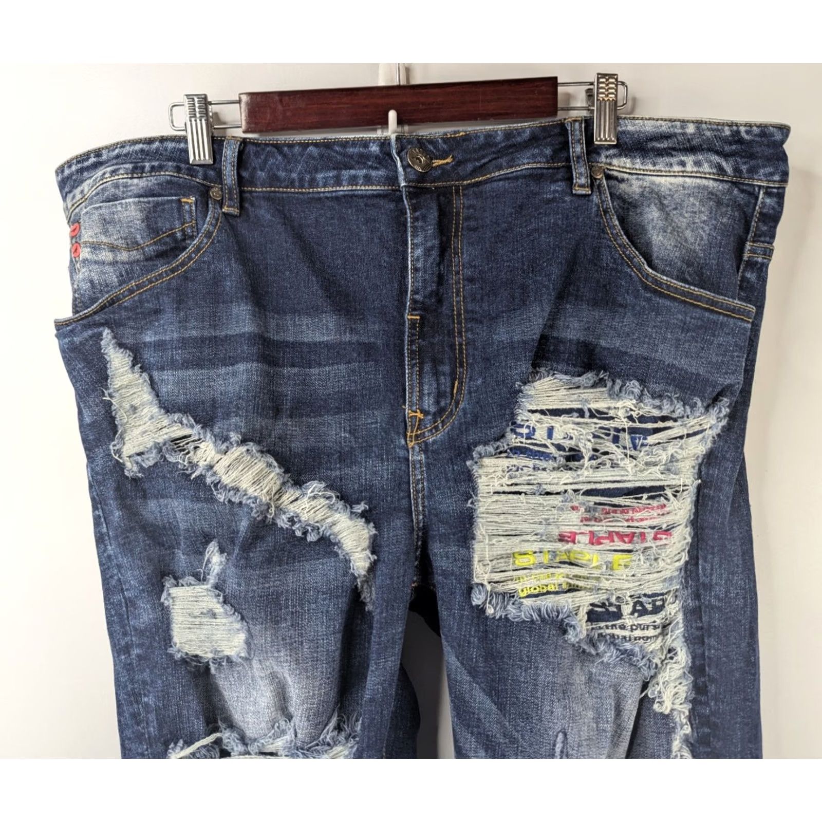 Denime Staple Pigeon Jeans Slim Denim Distressed Logo 5-Pocket Zip Cotton Elastane Men 40 Blue Regular Inseam 32 Boy Size US 40 / EU 56 - 3 Thumbnail