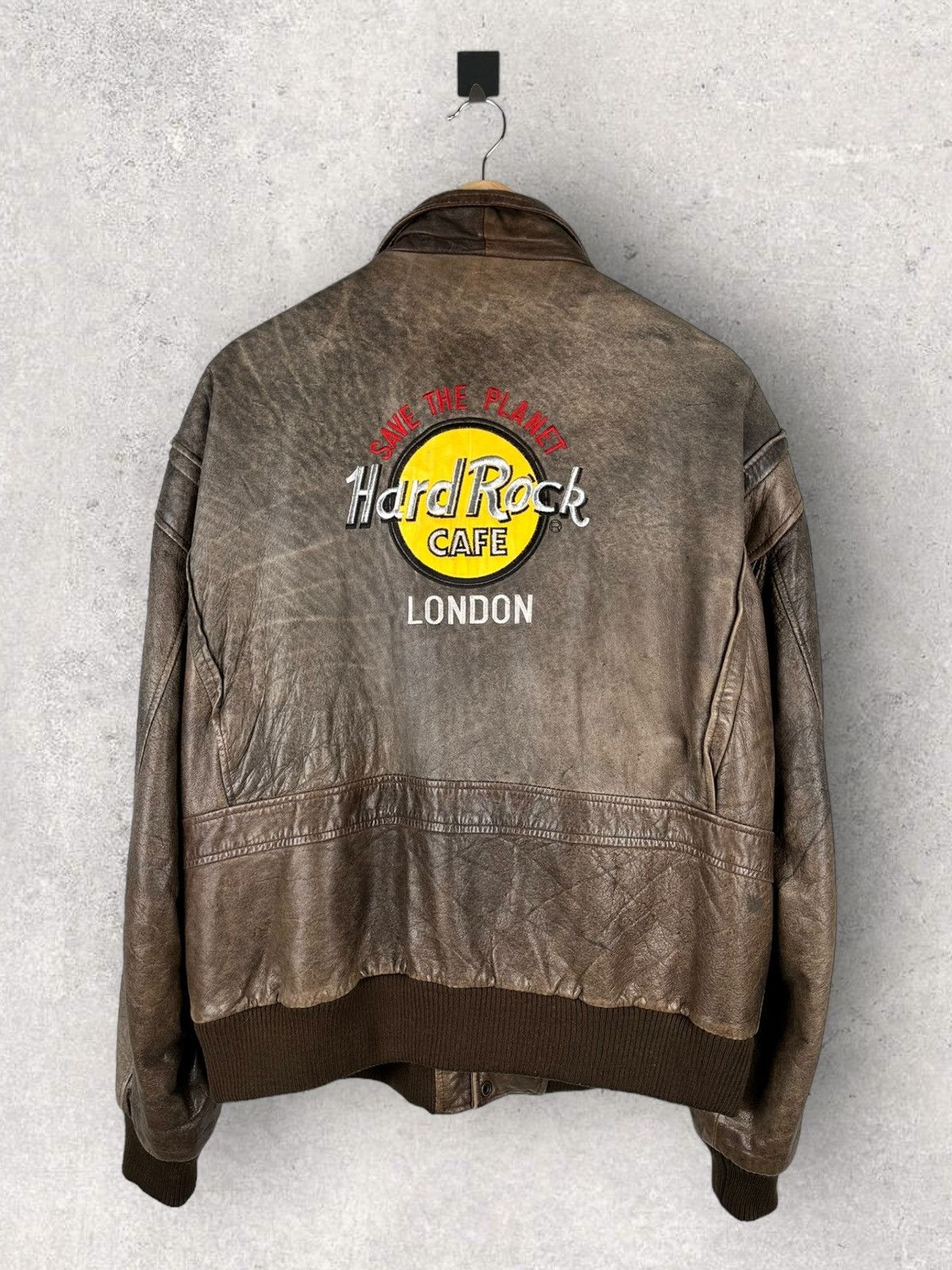 image of Vintage 90's Hard Rock Cafe London Leather Jacket in Brown, Men's (Size XL)