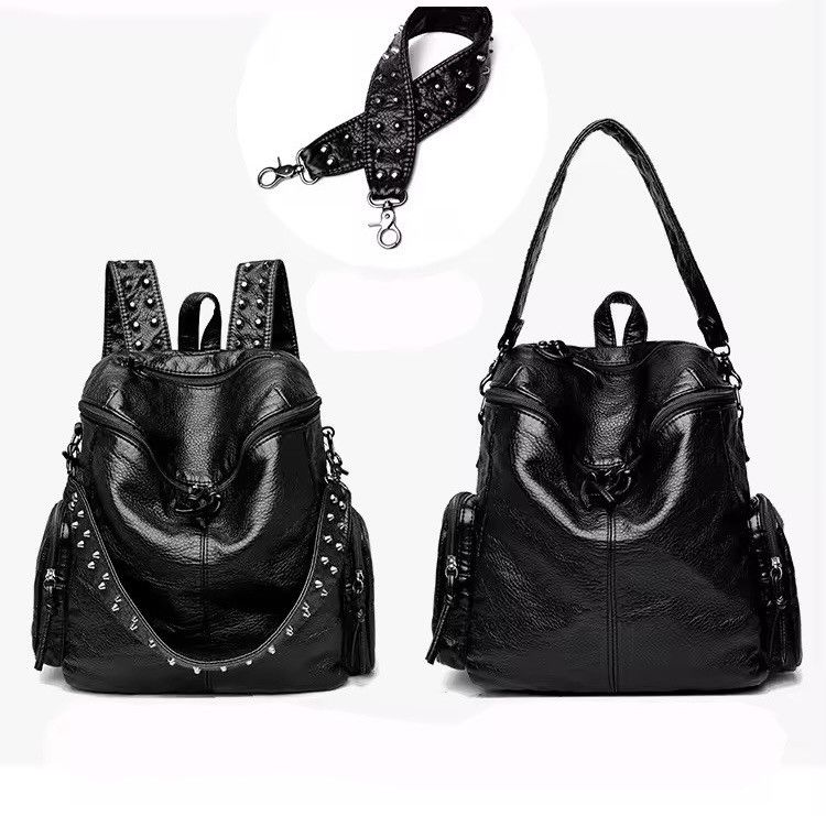 Japanese Brand Gothic Punk Soft PU Leather Black Backpack Size ONE SIZE - 4 Thumbnail