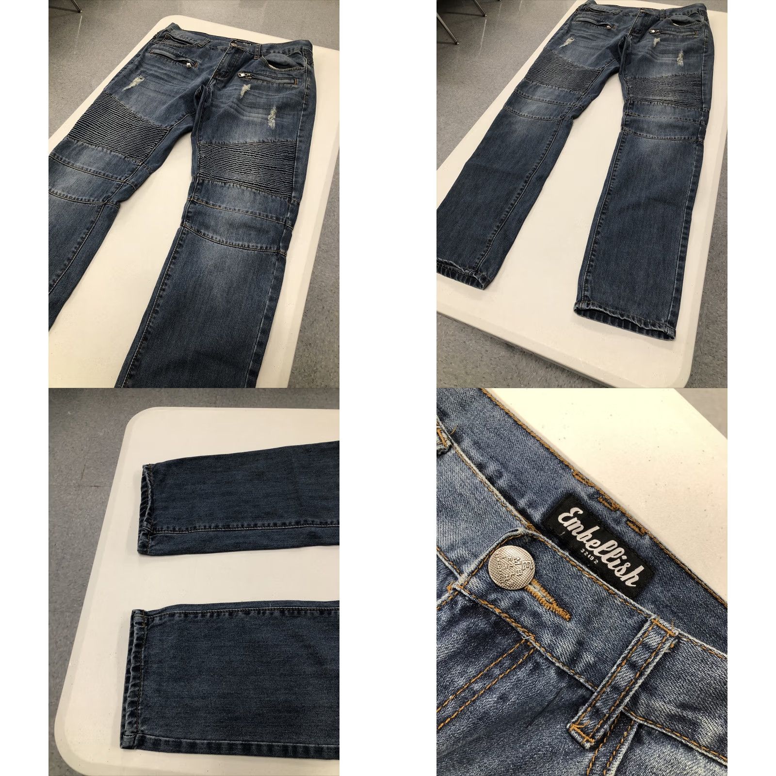 Vintage Embellish Jeans Slim 34 (36x33) Distressed Biker Moto 5-Pocket Denim Men’s Skinny Rise Mid Blue Regular Sewer? Size US 34 / EU 50 - 8 Thumbnail