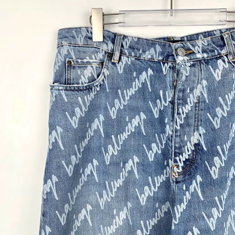 Balenciaga Balenciaga size M Light blue logo full-print cotton slacks Size US 26 / EU 42 - 3 Thumbnail