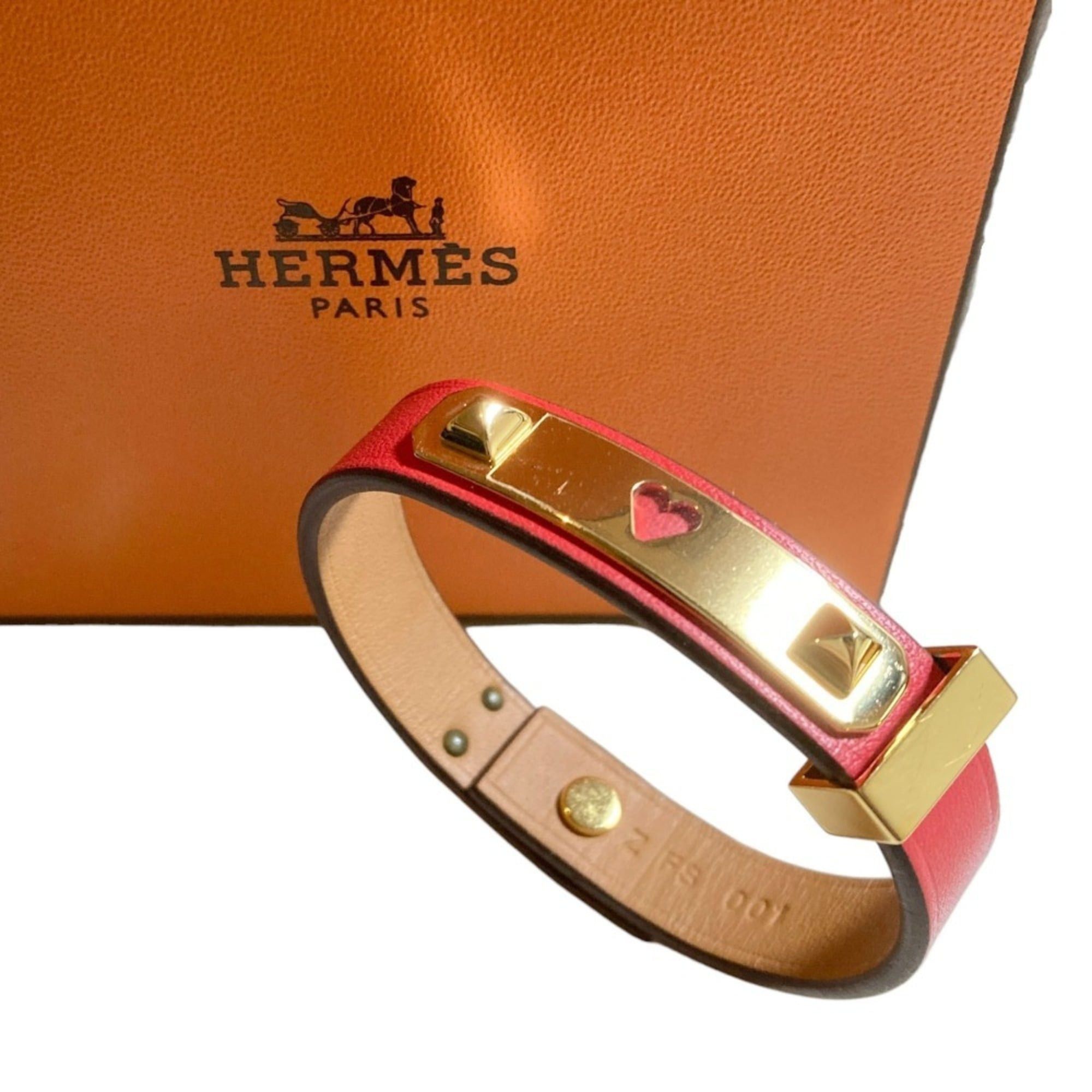 Hermes Hermes As de Coeur Heart Motif Leather Bracelet T2 Red Gold Color Women's Size ONE SIZE - 1 Thumbnail