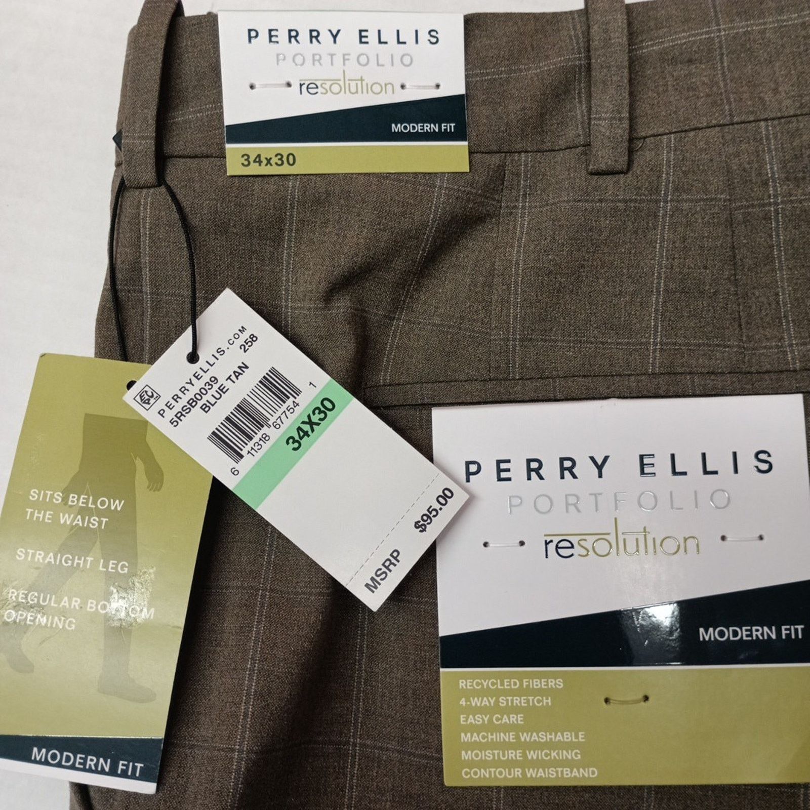 Perry Ellis Perry Ellis Portfolio Modern Dress Pants Mens 34x30 Blue Tan Size US 34 / EU 50 - 2 Thumbnail