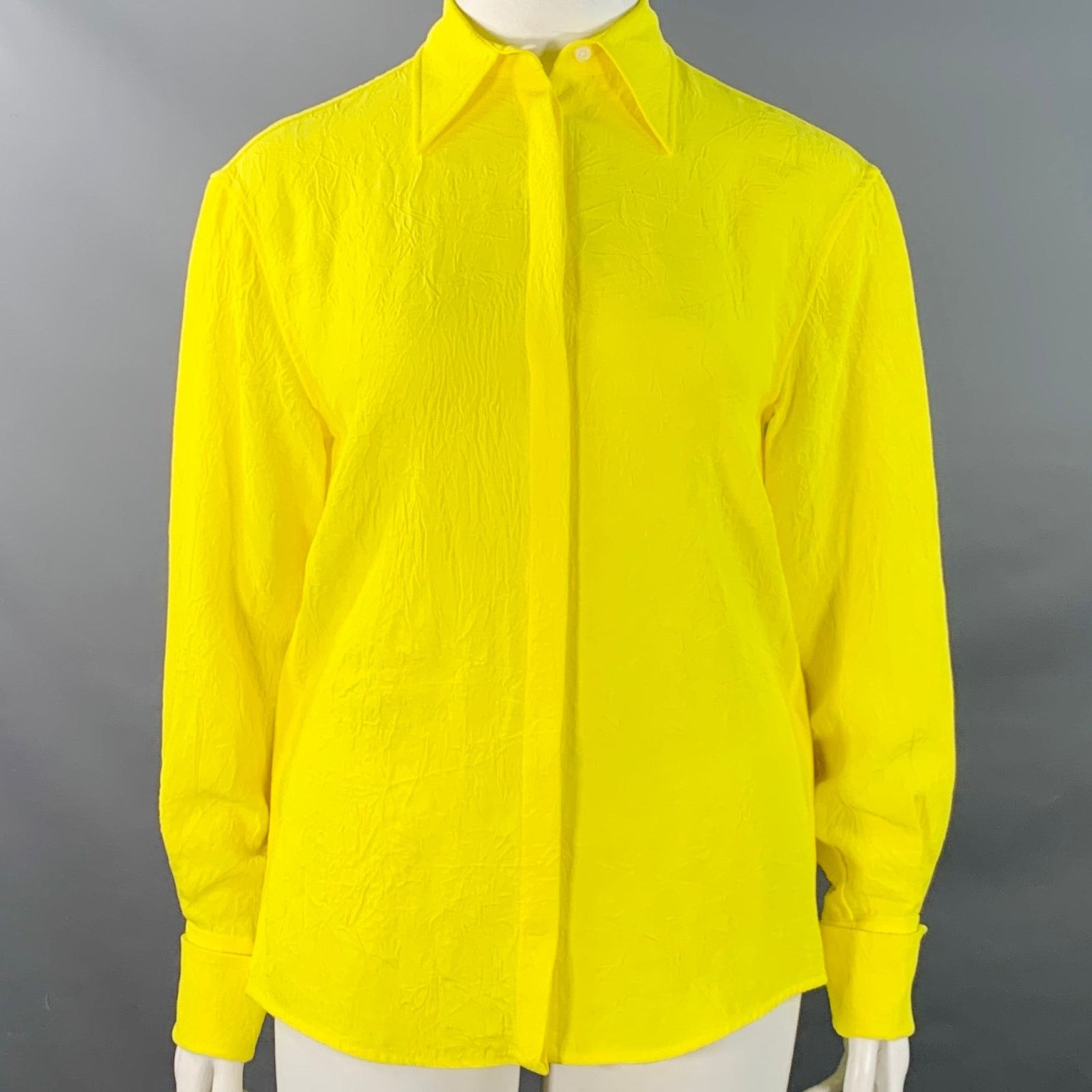 Proenza Schouler L Neon Yellow Wrinkled Acetate Hidden Placket Long Sleeve Size S / US 4 / IT 40 - 1 Thumbnail