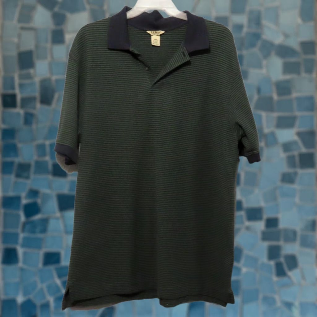 Vintage LL. Bean Men's XL-Tall Green Black Striped Short Sleeve Polo Shirt Size US XL / EU 56 / 4 - 1 Thumbnail