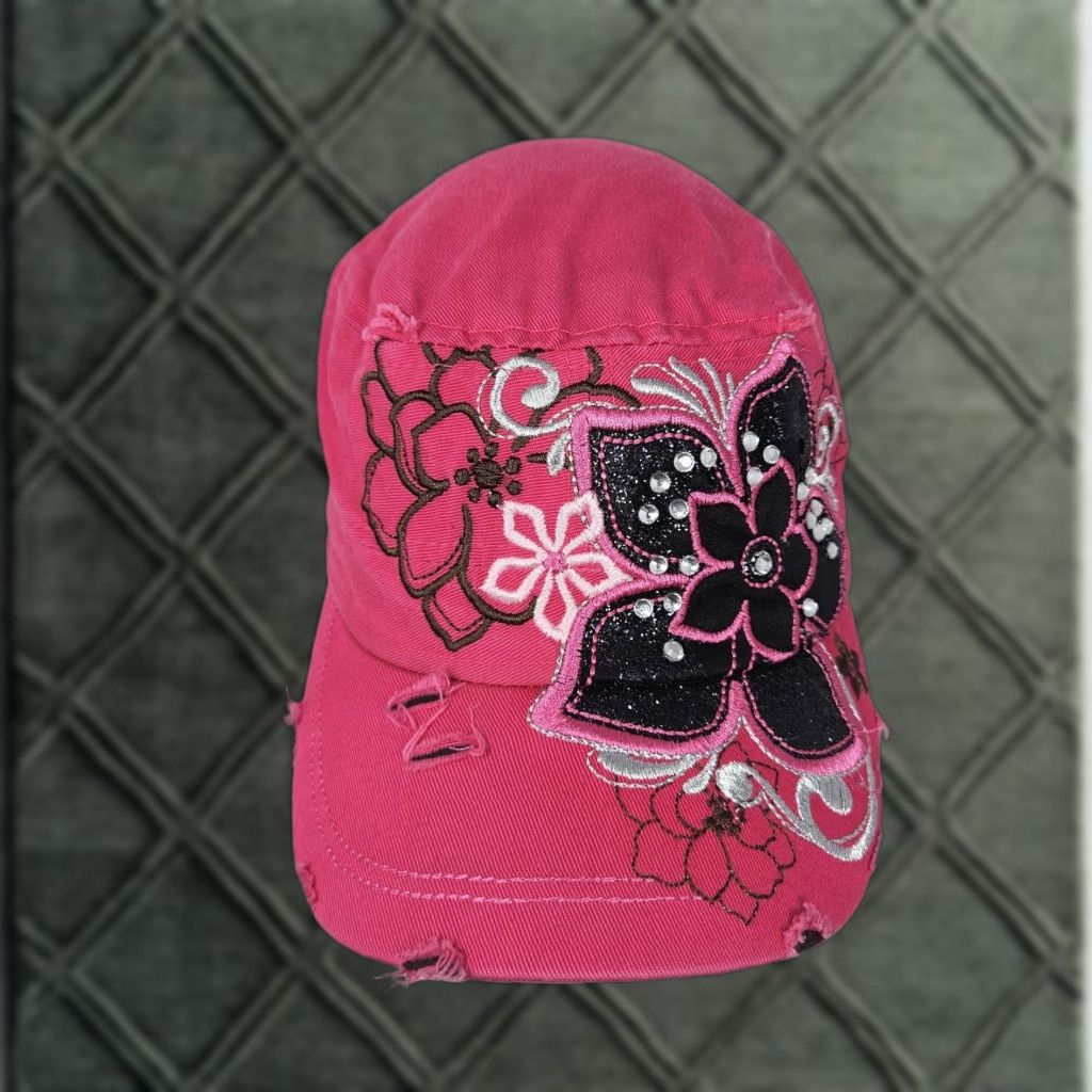 Pinko Leader Hat Cap Adjustable Womens Pink Floral Rhinestone Army Cadet Cap Size ONE SIZE - 1 Thumbnail